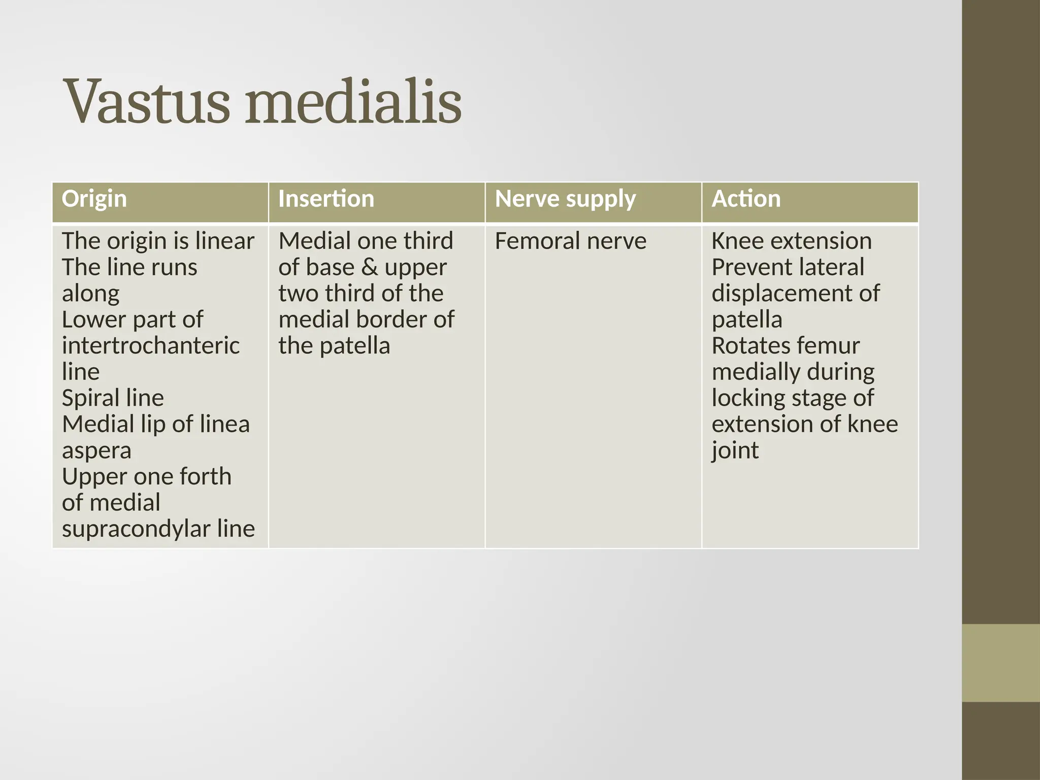 Vastus medialis
Origin Insertion Nerve supply Action
The origin is linear
The line runs
along
Lower part of
intertrochanteric
line
Spiral line
Medial lip of linea
aspera
Upper one forth
of medial
supracondylar line
Medial one third
of base & upper
two third of the
medial border of
the patella
Femoral nerve Knee extension
Prevent lateral
displacement of
patella
Rotates femur
medially during
locking stage of
extension of knee
joint
 