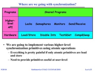 Lec 6.339/20/10 Kubiatowicz CS162 ©UCB Fall 2010
Where are we going with synchronization?
• We are going to implement various higher-level
synchronization primitives using atomic operations
– Everything is pretty painful if only atomic primitives are load
and store
– Need to provide primitives useful at user-level
Load/Store Disable Ints Test&Set Comp&Swap
Locks Semaphores Monitors Send/Receive
Shared Programs
Hardware
Higher-
level
API
Programs
 