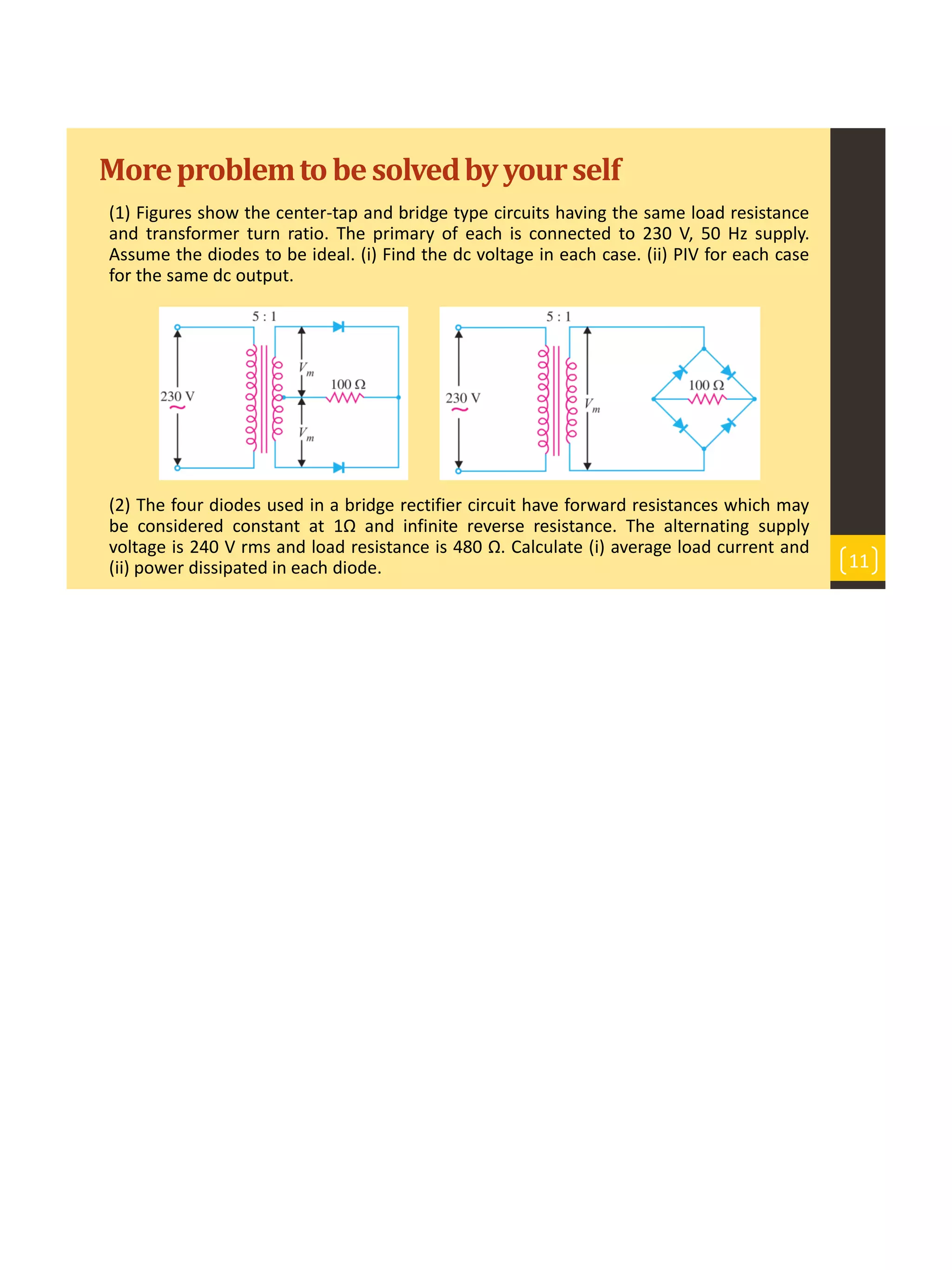 Moreproblemtobesolvedbyyourself
(1) Figures show the center-tap and bridge type circuits having the same load resistance
and transformer turn ratio. The primary of each is connected to 230 V, 50 Hz supply.
Assume the diodes to be ideal. (i) Find the dc voltage in each case. (ii) PIV for each case
for the same dc output.
(2) The four diodes used in a bridge rectifier circuit have forward resistances which may
be considered constant at 1Ω and infinite reverse resistance. The alternating supply
voltage is 240 V rms and load resistance is 480 Ω. Calculate (i) average load current and
(ii) power dissipated in each diode. 11
 