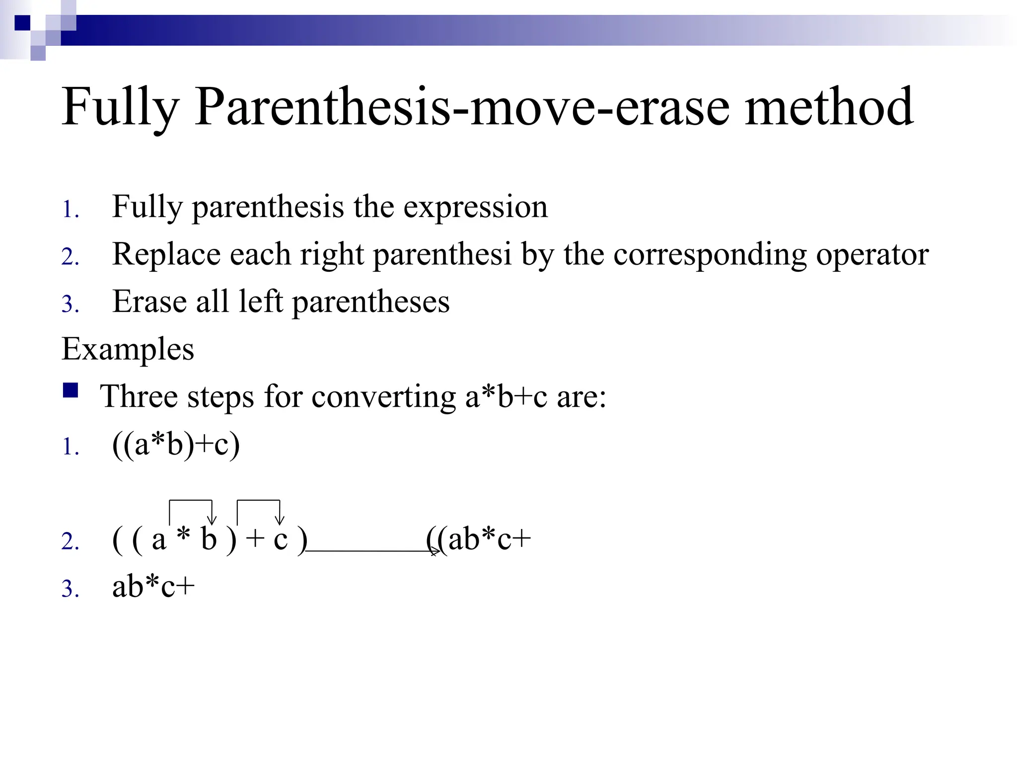 Fully Parenthesis-move-erase method 1. Fully parenthesis the expression 2. Replace each right parenthesi by the corresponding operator 3. Erase all left parentheses Examples  Three steps for converting a*b+c are: 1. ((a*b)+c) 2. ( ( a * b ) + c ) ((ab*c+ 3. ab*c+ 