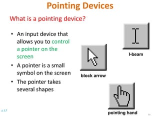 p. 5.7
Pointing Devices
What is a pointing device?
• An input device that
allows you to control
a pointer on the
screen
• A pointer is a small
symbol on the screen
• The pointer takes
several shapes
I-beam
pointing hand
block arrow
14
 