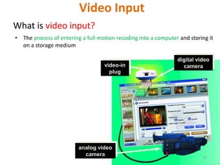 Video Input
What is video input?
• The process of entering a full-motion recoding into a computer and storing it
on a storage medium
analog video
camera
video-in
plug
digital video
camera
35
 