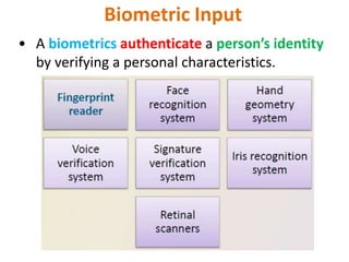 Biometric Input
• A biometrics authenticate a person’s identity
by verifying a personal characteristics.
 