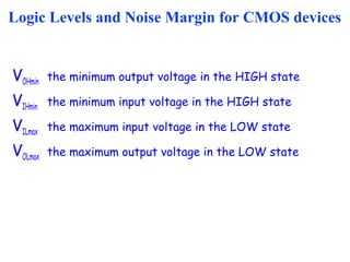 Logic Levels and Noise Margin for CMOS devices
VOHmin the minimum output voltage in the HIGH state
VIHmin the minimum input voltage in the HIGH state
VILmax the maximum input voltage in the LOW state
VOLmax the maximum output voltage in the LOW state
 