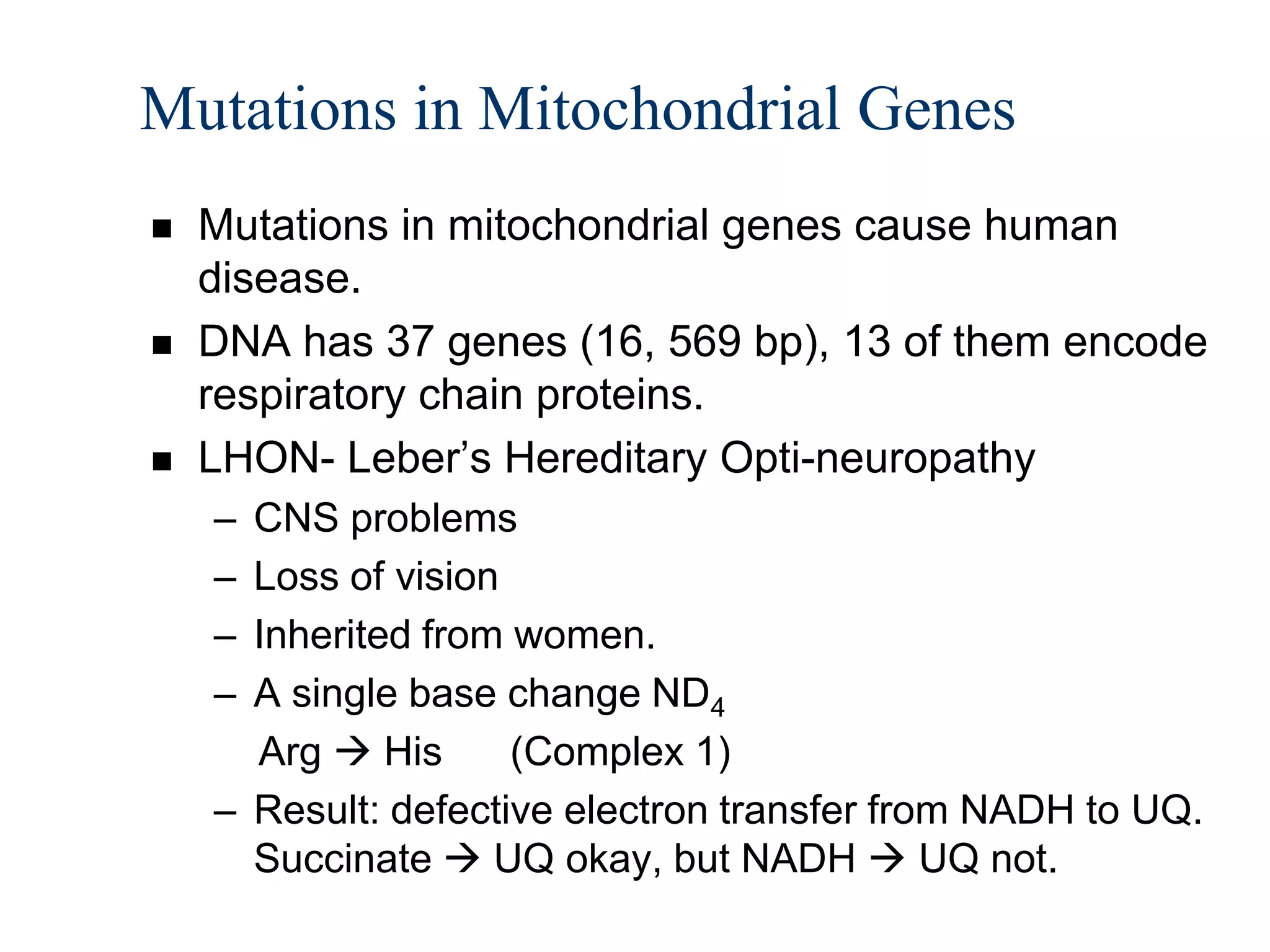 Mutations in Mitochondrial Genes
   Mutations in mitochondrial genes cause human
    disease.
   DNA has 37 genes (16, 569 bp), 13 of them encode
    respiratory chain proteins.
   LHON- Leber’s Hereditary Opti-neuropathy
    – CNS problems
    – Loss of vision
    – Inherited from women.
    – A single base change ND4
      Arg  His      (Complex 1)
    – Result: defective electron transfer from NADH to UQ.
      Succinate  UQ okay, but NADH  UQ not.
 