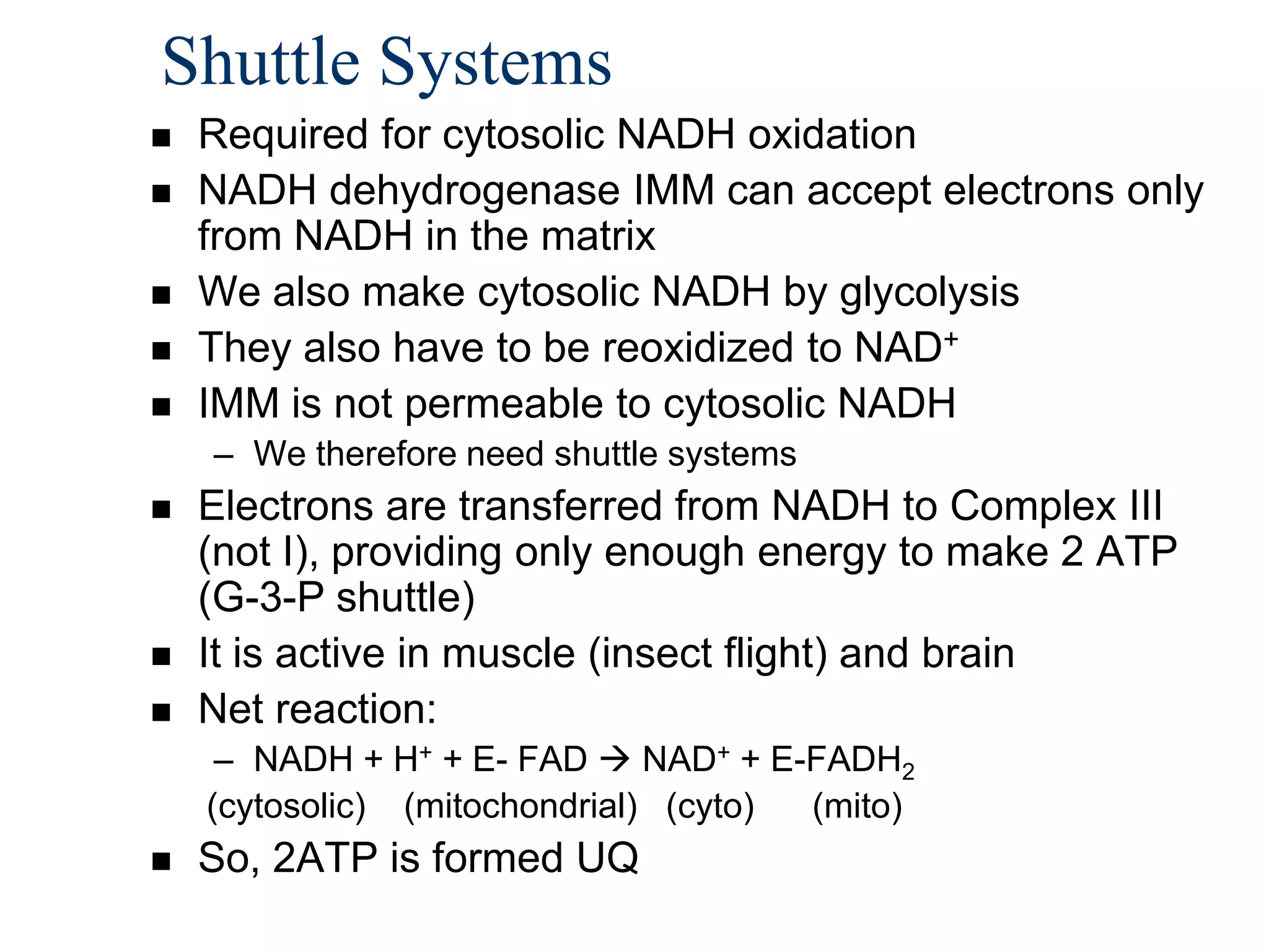 Shuttle Systems
   Required for cytosolic NADH oxidation
   NADH dehydrogenase IMM can accept electrons only
    from NADH in the matrix
   We also make cytosolic NADH by glycolysis
   They also have to be reoxidized to NAD+
   IMM is not permeable to cytosolic NADH
    – We therefore need shuttle systems
   Electrons are transferred from NADH to Complex III
    (not I), providing only enough energy to make 2 ATP
    (G-3-P shuttle)
   It is active in muscle (insect flight) and brain
   Net reaction:
     – NADH + H+ + E- FAD  NAD+ + E-FADH2
    (cytosolic) (mitochondrial) (cyto) (mito)
   So, 2ATP is formed UQ
 