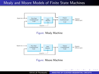Mealy and Moore Models of Finite State Machines
Figure: Mealy Machine
Figure: Moore Machine
D.R.V.L.B Thambawita ANALYSIS OF CLOCKED SEQUENTIAL CIRCUITS
 