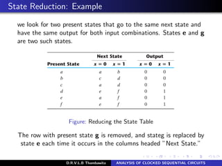 State Reduction: Example
we look for two present states that go to the same next state and
have the same output for both input combinations. States e and g
are two such states.
Figure: Reducing the State Table
The row with present state g is removed, and stateg is replaced by
state e each time it occurs in the columns headed ”Next State.”
D.R.V.L.B Thambawita ANALYSIS OF CLOCKED SEQUENTIAL CIRCUITS
 