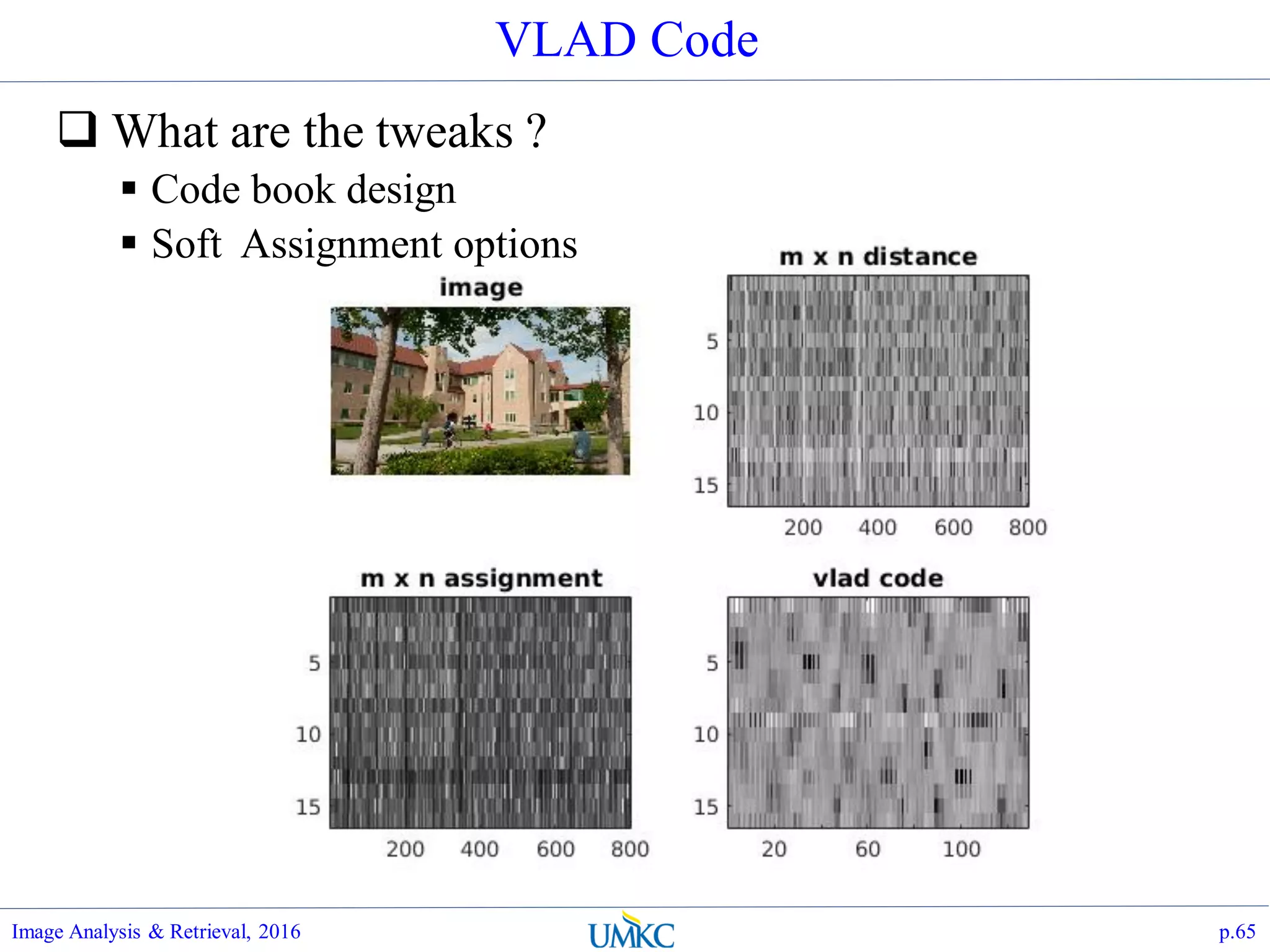 VLAD Code
 What are the tweaks ?
 Code book design
 Soft Assignment options
Image Analysis & Retrieval, 2016 p.65
 