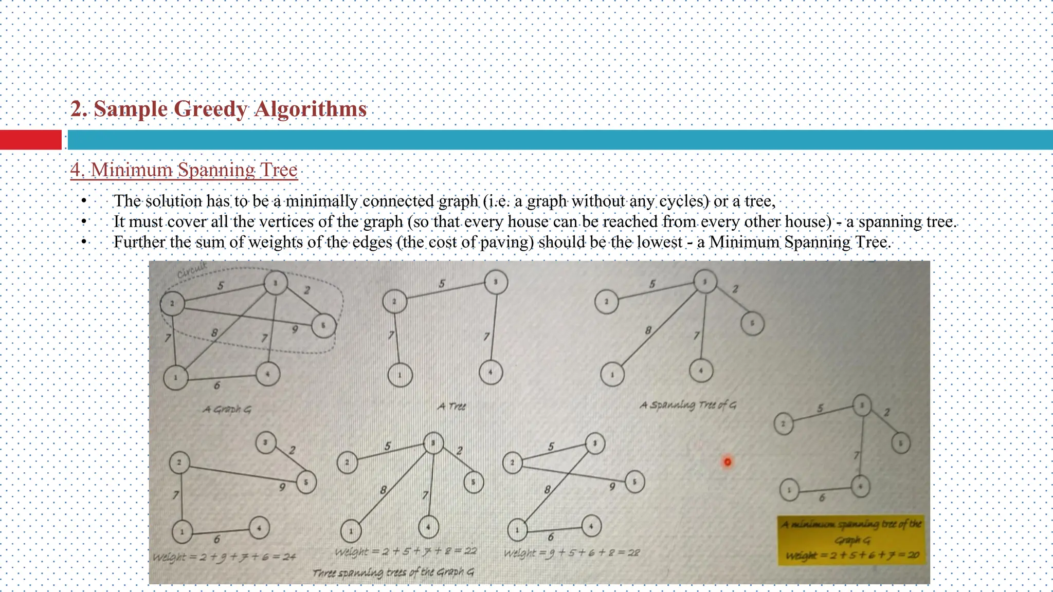 4. Minimum Spanning Tree 2. Sample Greedy Algorithms • The solution has to be a minimally connected graph (i.e. a graph without any cycles) or a tree, • It must cover all the vertices of the graph (so that every house can be reached from every other house) - a spanning tree. • Further the sum of weights of the edges (the cost of paving) should be the lowest - a Minimum Spanning Tree. 