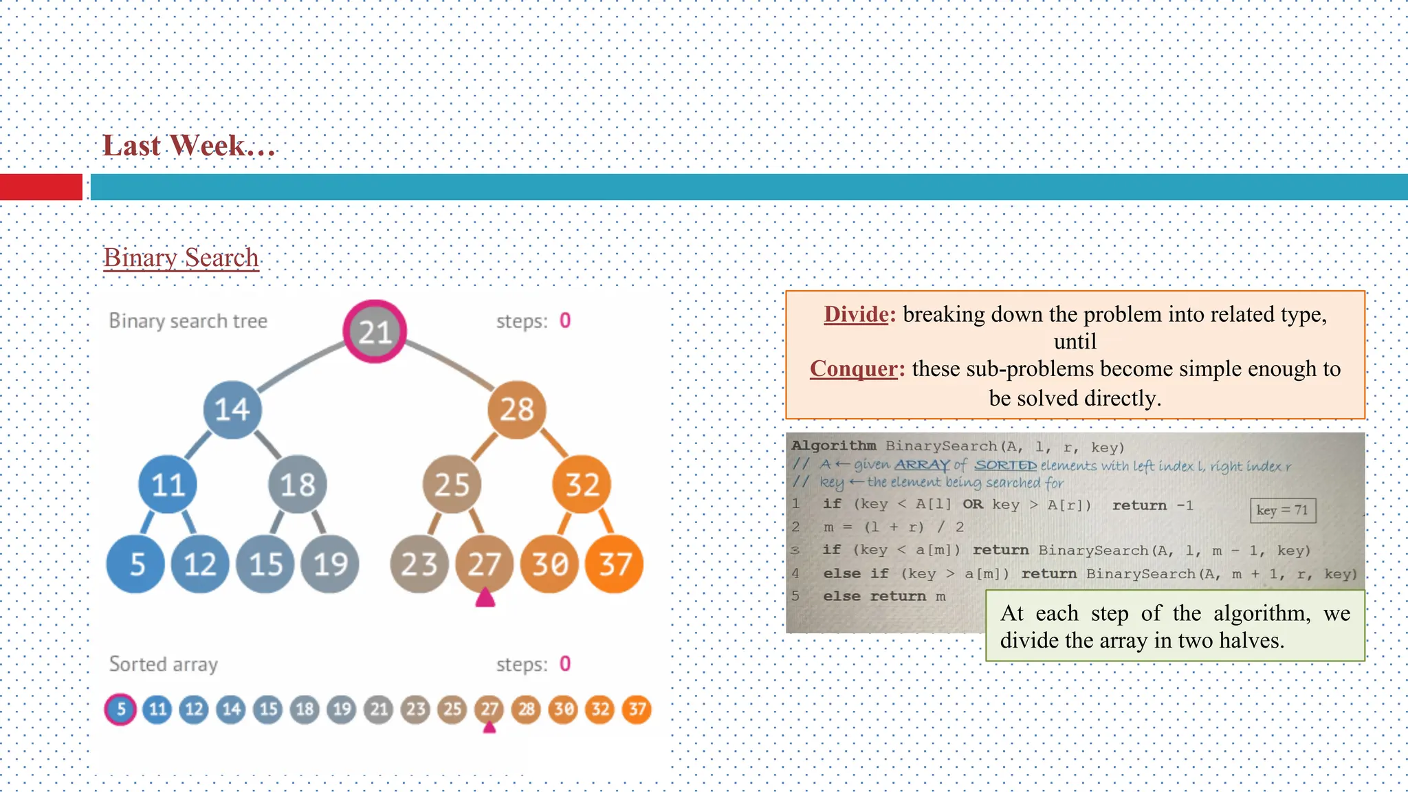 Divide: breaking down the problem into related type, until Conquer: these sub-problems become simple enough to be solved directly. Last Week… Binary Search At each step of the algorithm, we divide the array in two halves. 