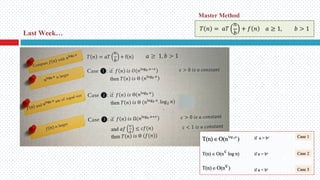 Master Method
𝑇 𝑛 = 𝑎𝑇
𝑛
𝑏
+ 𝑓 𝑛 𝑎 ≥ 1, 𝑏 > 1
Last Week…
 