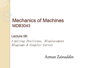 Mechanics of Machines
MDB3043
Lecture 06:
Limiting Positions, Displacement
Diagrams & Coupler Curves
Azman Zainuddin
 