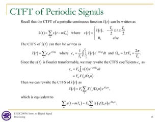 EEEC20034: Intro. to Digital Signal
Processing 15
CTFT of Periodic Signals
( )
( ) ( ) ( )
( )
( )
0 0
0
Recall that the CTFT of a periodic continuous function can be written as
,
where 2 2
0, .
The CTFS of can then be written as
m
x t
T T
x t t
x t x t mT x t
else
x t
x

− ≤ ≤

=
− =



∑




( ) ( )
( )
0
0 0
0
2
0 0
0 0
2
1 2
where and 2 .
Since the is Fourier transformable, we may rewrite the CTFS coefficients as
T
jn t jn t
T
n n
n
n
t c e c x t e dt F
T T
x t c
π
π
Ω − Ω
−
= = Ω
= =
∑ ∫ 
( )
( )
( )
( ) ( )
0
0
0
0 0
0 0
.
Then we can rewrite the CTFS of as
,
which
jn t
n t
j nt
n
c F x t e dt
F X j n
x t
x t F X j n e
− Ω
Ω
=
= Ω
= Ω
∫
∑


( ) ( ) 0
0 0 0
is equivalent to
.
j nt
m n
x t mT F X j n e Ω
− = Ω
∑ ∑
 