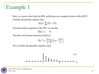Example 1
EEEC20034: Intro. to Digital Signal
Processing 18
[ ] [ ]
Here, we want to show that the DFS coefficients are a sampled version of the DTFT.
Consider the periodic impulse train
.
From the analysis equatio
r
p n n rN
δ
= −
∑

[ ]
[ ]
( )
n of the DFS, we see that
1, .
Therefore, the Fourier transform of is
2 2
.
Now
j
k
P k k
p n
k
P e
N N
ω π π
δ ω
= ∀
 
= −
 
 
∑



[ ]
consider the aperiodic sequence x n
 