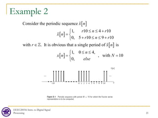 Example 2
EEEC20034: Intro. to Digital Signal
Processing 21
[ ]
[ ]
[ ]
[ ]
Consider the periodic sequence
1, 10 4 10
0, 5 10 9 10
with . It is obvious that a single period of is
1, 0 4,
0,
x n
r n r
x n
r n r
r x n
n
x n
e
≤ ≤ +

= 
+ ≤ ≤ +

∈
≤ ≤
=




, with 10
lse
N

=


 