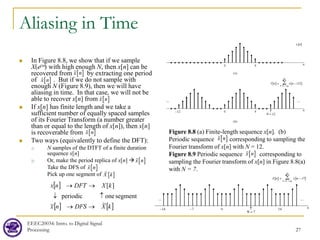 Aliasing in Time
 In Figure 8.8, we show that if we sample
X(ejω) with high enough N, then x[n] can be
recovered from by extracting one period
of . But if we do not sample with
enough N (Figure 8.9), then we will have
aliasing in time. In that case, we will not be
able to recover x[n] from
 If x[n] has finite length and we take a
sufficient number of equally spaced samples
of its Fourier Transform (a number greater
than or equal to the length of x[n]), then x[n]
is recoverable from
 Two ways (equivalently to define the DFT):
1) N samples of the DTFT of a finite duration
sequence x[n]
2) Or, make the period replica of x[n] 
Take the DFS of
Pick up one segment of
EEEC20034: Intro. to Digital Signal
Processing 27
[ ]
x n

[ ]
x n

[ ]
x n

[ ]
x n

[ ]
x n

[ ]
X k

[ ]
[ ] [ ]
k
X
DFS
n
x
k
X
DFT
n
x
~
~
segment
one
periodic
]
[
→
→
↑
↓
→
→
[ ]
x n

Figure 8.8 (a) Finite-length sequence x[n]. (b)
Periodic sequence corresponding to sampling the
Fourier transform of x[n] with N = 12.
Figure 8.9 Periodic sequence corresponding to
sampling the Fourier transform of x[n] in Figure 8.8(a)
with N = 7.
[ ]
x n

[ ]
x n

 