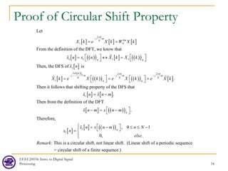 Proof of Circular Shift Property
EEEC20034: Intro. to Digital Signal
Processing 34
[ ] [ ] [ ]
[ ] ( )
( ) [ ] ( )
( )
[ ]
[ ]
2
1
1 1 1 1
1
1
Let
From the definition of the DFT, we know that
Then, the DFS of is
k
j m
km
N
N
N N
j
X k e X k W X k
x n x n X k X k
x n
X k e
π
−
−
= =
   
= ↔ =
   
=




( )
( )
( )
( ) ( )
( ) [ ]
[ ] [ ]
2 2 2
1
.
Then it follows that shifting property of the DFS that
.
Then from the definition of the DFT
N
k k k
m j m j m
N N N
N N
X k e X k e X k
x n x n m
π π π
− −
   
= =
   
= −

 
[ ] ( )
( )
[ ]
[ ] ( )
( )
1
1
.
Therefore,
, 0 1
0, .
: This is a circular shift, not linear shift. (Linear shift of a periodic sequence
N
N
x n m x n m
x n x n m n N
x n
else
Remark
 
− = −
 
  
= − ≤ ≤ −
  
= 




= circular shift of a finite sequence.)
 