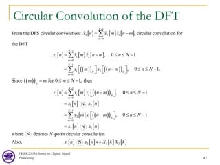 Circular Convolution of the DFT
EEEC20034: Intro. to Digital Signal
Processing 42
[ ] [ ] [ ]
[ ] [ ] [ ]
3
1
3 2 1
0
1
1 2
0
From the DFS circular convolution: ircular convolution for
the DFT
, c
, 0 1
N
m
N
m
x n x m x n m
x m x n m n
x N
x
n
−
=
−
=
= −
= − ≤ ≤ −
=
∑
∑
  
 
( )
( ) ( )
( )
( )
( )
[ ] [ ] ( )
( )
[ ] [ ]
1
3
1
1
1 2
2
0
2
0
1
for
, 0 1.
Since 0 1, then
, 0 1.
N
N N
m
N
N
N
m
m
x n x
m x n m n N
m m N
n N
x n x
m x n m
n
−
=
−
=
=
 
   
− ≤ ≤ −
   
= −
≤
−

≤

−
≤ ≤
=
∑
∑
[ ] ( )
( )
[ ] [ ]
1
0
2 1
2 1
, 0 1
where -point circular convoluti
denotes on
Also,
N
N
m
n N
x n x n
x m x n m
N
−
=
 
= −
  ≤ ≤ −
=
∑
[ ] [ ] [ ] [ ]
1
1 2 2
X
n k
n x k X
x ↔
 