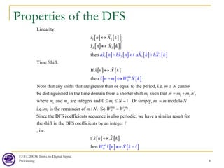 EEEC20034: Intro. to Digital Signal
Processing 8
Properties of the DFS
[ ] [ ]
[ ] [ ]
[ ] [ ] [ ] [ ]
1 1
2
1 2
2
1 2
Linearity:
then
Time Shift:
ax n bx n aX k
x n X k
x X
b k
n
X
k

↔ 

↔ 
+ ↔ +

 






[ ] [ ]
[ ] [ ]
If
then
Note that any shifts that are greater than or equal to the period, i.e. cannot
be distinguished in the time domain fro
km
N
x n X k
x n m W X k
m N
↔
≥
− ↔ 



1
1 1 2
1 2 1 1
1
m a shorter shift such that ,
where and are integers and 0 1. Or simply, modulo
i.e. is the remainder of / . So .
Since the DFS coefficients sequence is also
km
km
N N
m m m m N
m m m N m m N
m m N W W
= +
≤ ≤ − =
=
[ ] [ ]
periodic, we have a similar result for
the shift in the DFS coefficients by an integer
, i.e.
If
then n
N
x n X k
W
↔




[ ] [ ]
x n X k
↔ −

 
 
