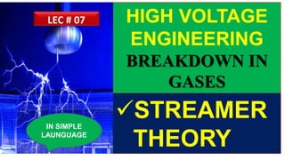 HIGH VOLTAGE
ENGINEERING
BREAKDOWN IN
GASES
STREAMER
THEORY
IN SIMPLE
LAUNGUAGE
LEC # 07
 