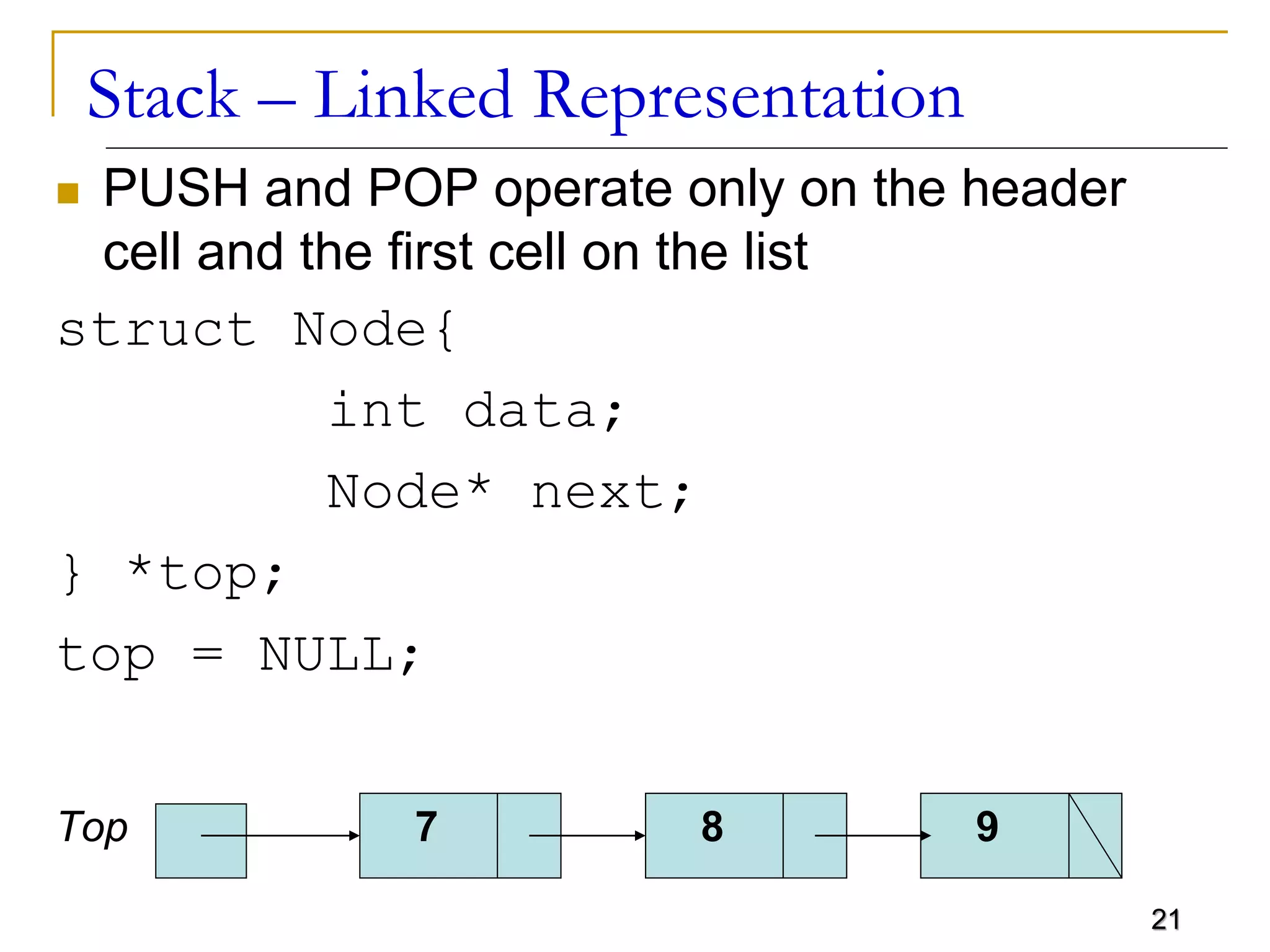21
Stack – Linked Representation
 PUSH and POP operate only on the header
cell and the first cell on the list
struct Node{
int data;
Node* next;
} *top;
top = NULL;
7 8 9
Top
 