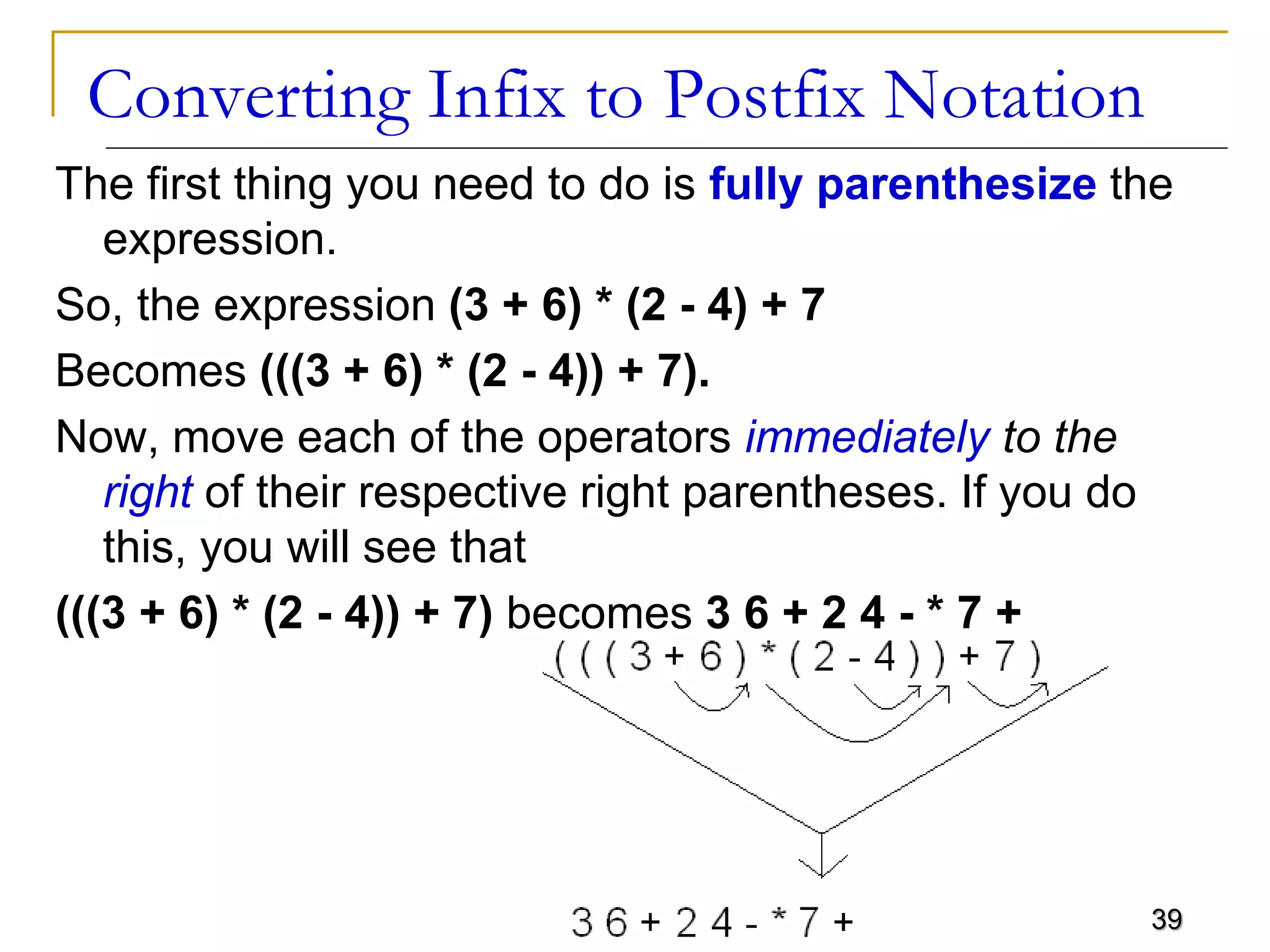 39
Converting Infix to Postfix Notation
The first thing you need to do is fully parenthesize the
expression.
So, the expression (3 + 6) * (2 - 4) + 7
Becomes (((3 + 6) * (2 - 4)) + 7).
Now, move each of the operators immediately to the
right of their respective right parentheses. If you do
this, you will see that
(((3 + 6) * (2 - 4)) + 7) becomes 3 6 + 2 4 - * 7 +
 