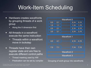Work-Item SchedulingHardware creates wavefronts by grouping threads of a work groupAlong the X dimension firstAll threads in a wavefront execute the same instructionThreads within a wavefront move in lockstepThreads have their own register state and are free to execute different control pathsThread masking used by HWPredication can be set by compilerWavefront 00,00,10,140,151,01,11,141,152,02,12,142,153,03,13,143,15Wavefront 14,04,14,144,157,147,07,17,15Wavefront 2Wavefront 3Grouping of work-group into wavefronts5Perhaad Mistry & Dana Schaa, Northeastern Univ Computer Architecture Research Lab, with Ben Gaster, AMD © 2011
