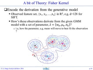 A bit of Theory: Fisher Kernel
Encode the derivation from the generative model
 Observed feature set, {x1, x2, …,xn} in Rd, e.g, d=128 for
SIFT.
 How’s these observations derivate from the given GMM
model with a set of parameter, 𝜆 = 𝑤 𝑘, 𝜇 𝑘, 𝜎 𝑘 ?
o i.e, how the parameter, e.g, mean will move to best fit the observation
?
Z. Li, Image Analysis&Retrv.2016 p.14
𝜇4
𝜇3
𝜇2
𝜇1
X1
+
 