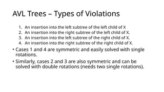 AVL Trees – Types of Violations
1. An insertion into the left subtree of the left child of X
2. An insertion into the right subtree of the left child of X.
3. An insertion into the left subtree of the right child of X.
4. An insertion into the right subtree of the right child of X.
• Cases 1 and 4 are symmetric and easily solved with single
rotations.
• Similarly, cases 2 and 3 are also symmetric and can be
solved with double rotations (needs two single rotations).
 