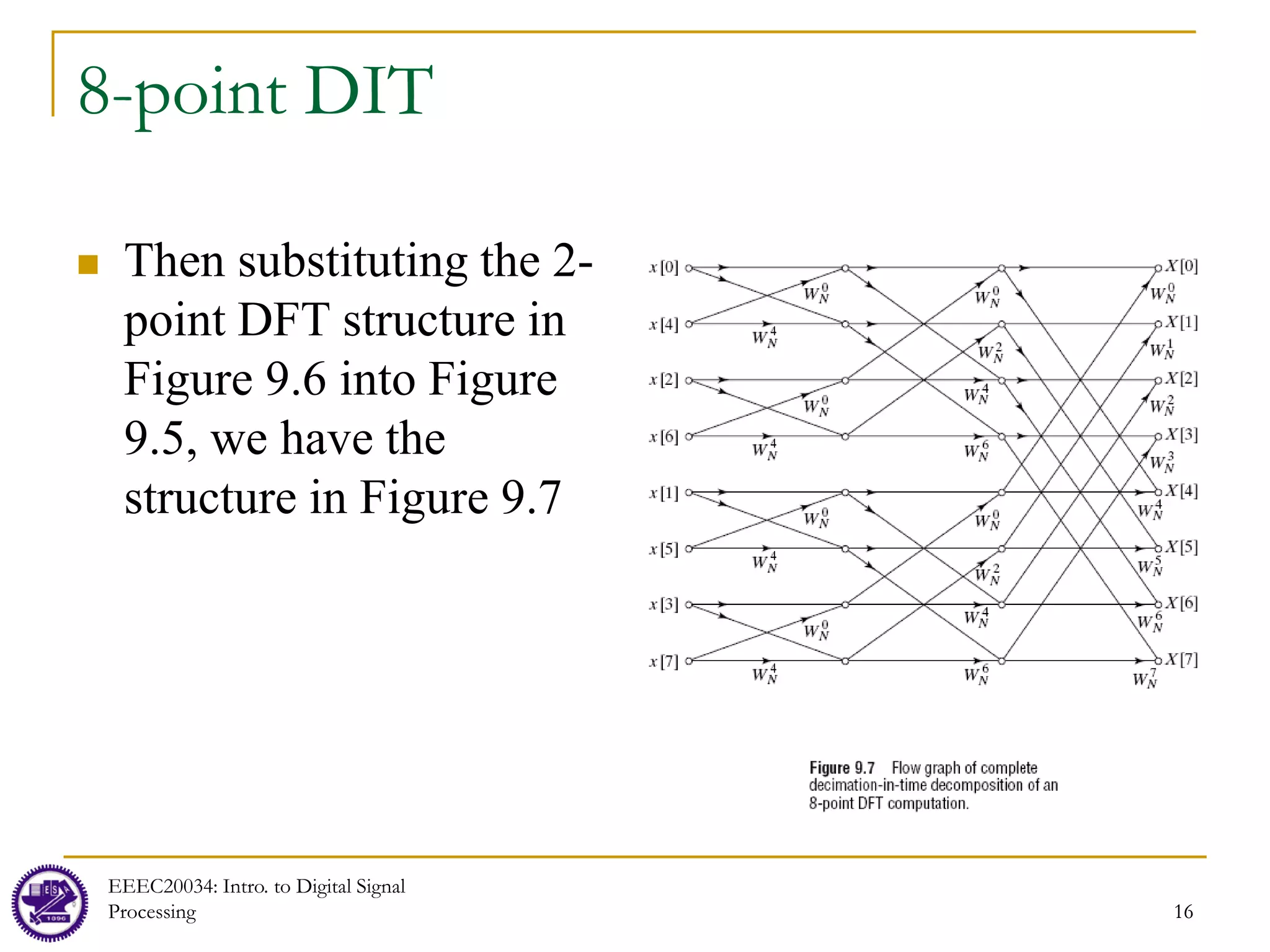 16
8-point DIT
 Then substituting the 2-
point DFT structure in
Figure 9.6 into Figure
9.5, we have the
structure in Figure 9.7
EEEC20034: Intro. to Digital Signal
Processing 16
 