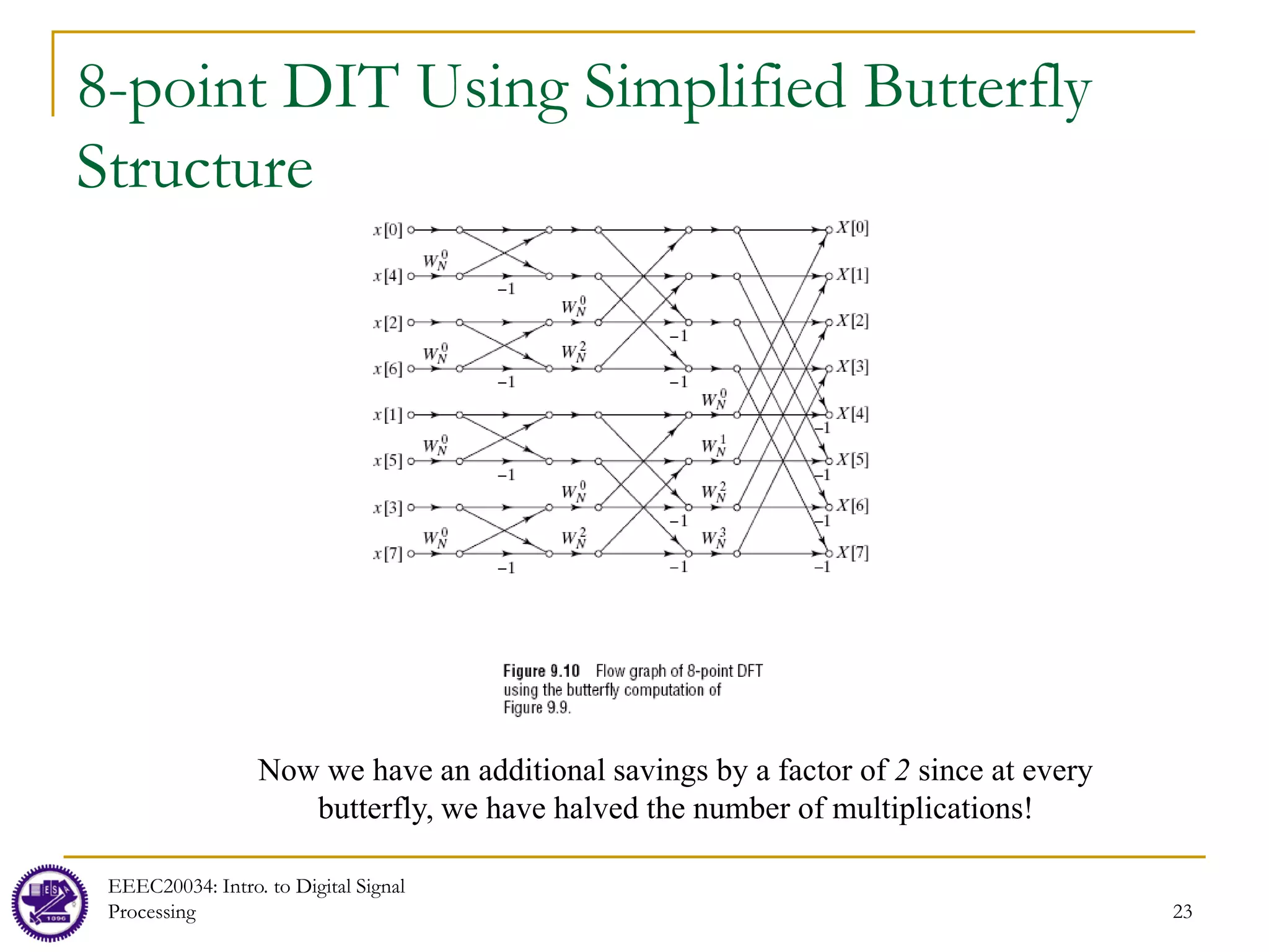 23
8-point DIT Using Simplified Butterfly
Structure
Now we have an additional savings by a factor of 2 since at every
butterfly, we have halved the number of multiplications!
EEEC20034: Intro. to Digital Signal
Processing
 