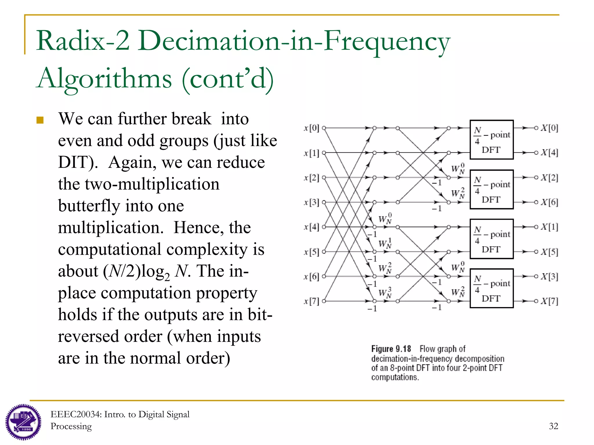 32
Radix-2 Decimation-in-Frequency
Algorithms (cont’d)
 We can further break into
even and odd groups (just like
DIT). Again, we can reduce
the two-multiplication
butterfly into one
multiplication. Hence, the
computational complexity is
about (N/2)log2 N. The in-
place computation property
holds if the outputs are in bit-
reversed order (when inputs
are in the normal order)
EEEC20034: Intro. to Digital Signal
Processing
 