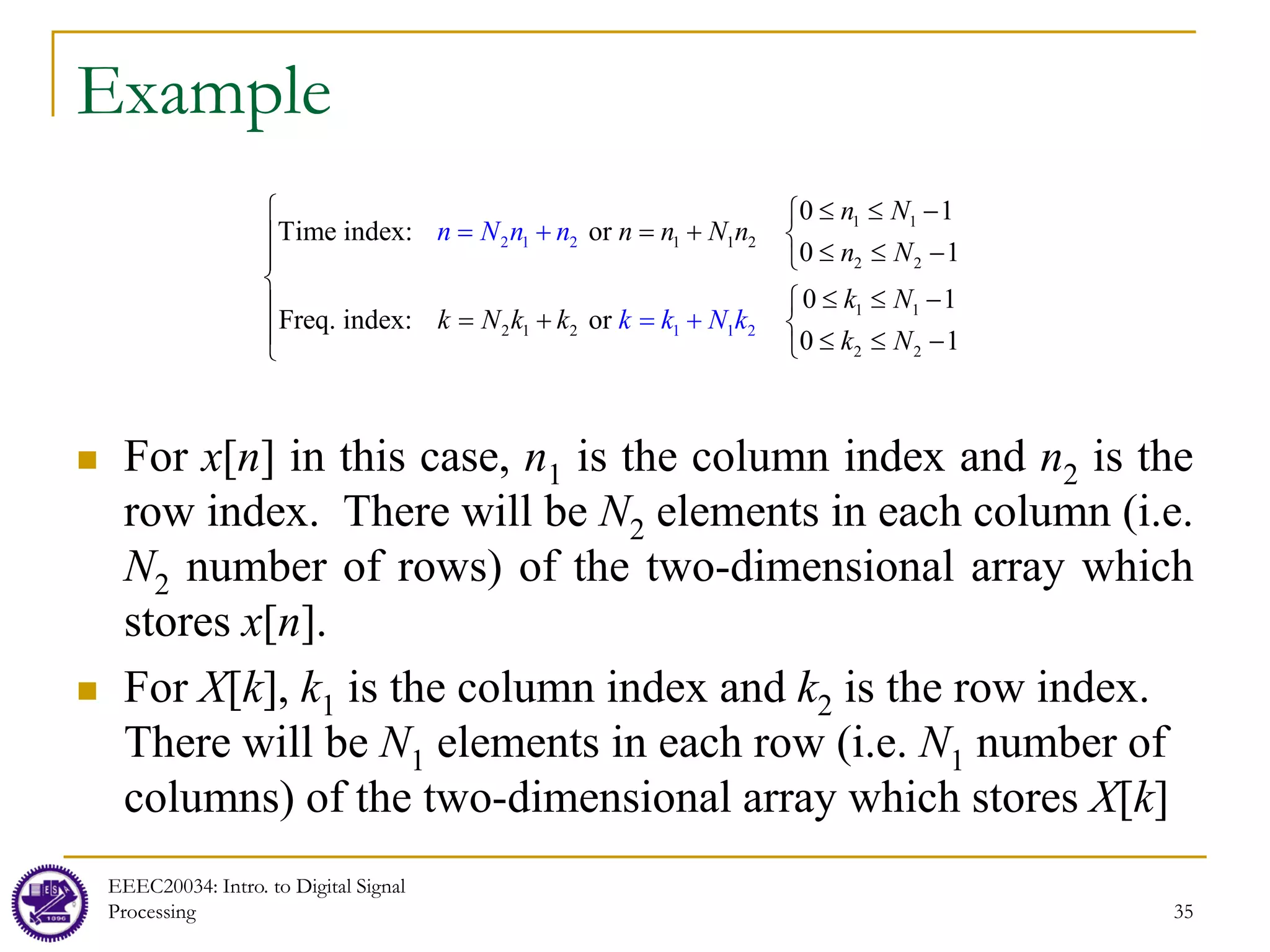 35
Example
 For x[n] in this case, n1 is the column index and n2 is the
row index. There will be N2 elements in each column (i.e.
N2 number of rows) of the two-dimensional array which
stores x[n].
 For X[k], k1 is the column index and k2 is the row index.
There will be N1 elements in each row (i.e. N1 number of
columns) of the two-dimensional array which stores X[k]
1 1
1 1 2
2 2
1
2 1 2
1
2 1 2
2 2
1 1 2
0 1
Time index: or
0 1
0 1
Freq. index: or
0 1
n N n n
k k
n N
n n N n
n N
k N
k N k k
k N
N k
 ≤ ≤ −

= + 

≤ ≤ −
 

≤ ≤ −

 = + 
 ≤ ≤ −

= +

= +
EEEC20034: Intro. to Digital Signal
Processing
 