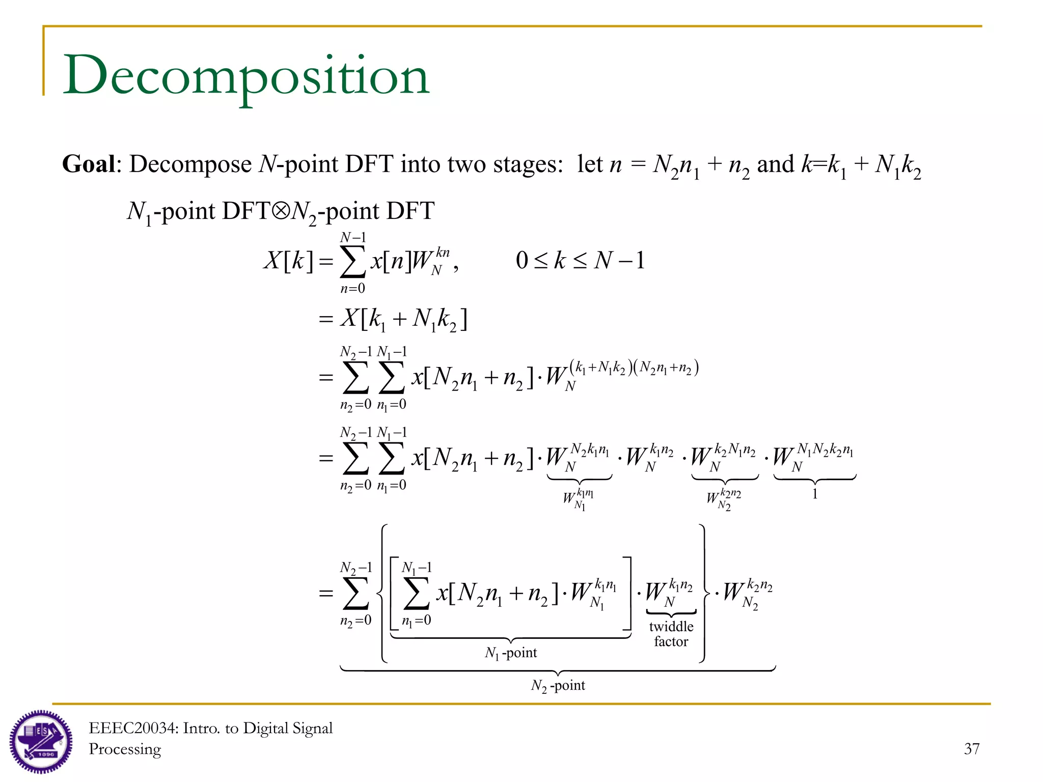 37
Decomposition
Goal: Decompose N-point DFT into two stages: let n = N2n1 + n2 and k=k1 + N1k2
N1-point DFT⊗N2-point DFT
( )( )
2 1
1 1 2 2 1 2
2 1
2 1
2 1 1 1 2 2 1 2 1 2 2 1
2 1 1 1 2 2
1 2
1
1
0
1 1 2
1 1
2 1 2
0 0
1 1
2 1 2
0 0
1
2 1 2
[ ] [ ] , 0 1
[ ]
[ ]
[ ]
[ ]
k n k n
N N
N
kn
N
n
N N
k N k N n n
N
n n
N N
N k n k n k N n N N k n
N N N N
n n
W W
k
N
X k x n W k N
X k N k
x N n n W
x N n n W W W W
x N n n W
−
=
− −
+ +
= =
− −
= =
= ≤ ≤ −
= +
= + ⋅
= + ⋅ ⋅ ⋅ ⋅
= + ⋅
∑
∑ ∑
∑ ∑ 

  




2 1
1 1 1 2 2 2
2
2 1
1
2
1 1
0 0 twiddle
factor
-point
-point
N N
n k n k n
N N
n n
N
N
W W
− −
= =
 
 
 
 
⋅ ⋅
 
 
 
 
 
 
∑ ∑








EEEC20034: Intro. to Digital Signal
Processing
 