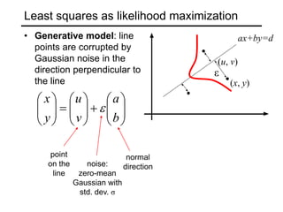 Least squares as likelihood maximization
• Generative model: line
points are corrupted by
Gaussian noise in the
direction perpendicular to
the line
⎟
⎟
⎠
⎞
⎜
⎜
⎝
⎛
+
⎟
⎟
⎠
⎞
⎜
⎜
⎝
⎛
=
⎟
⎟
⎠
⎞
⎜
⎜
⎝
⎛
b
a
v
u
y
x
ε
(x, y)
ax+by=d
(u, v)
ε
point
on the
line
noise:
zero-mean
Gaussian with
std. dev. σ
normal
direction
 