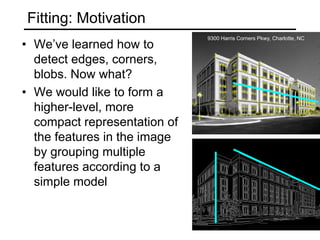 Fitting: Motivation
• We’ve learned how to
detect edges, corners,
blobs. Now what?
• We would like to form a
higher-level, more
compact representation of
the features in the image
by grouping multiple
features according to a
simple model
9300 Harris Corners Pkwy, Charlotte, NC
 