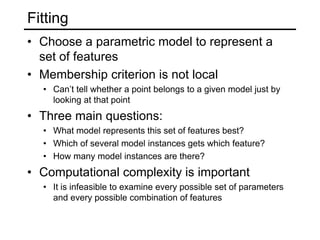 Fitting
• Choose a parametric model to represent a
set of features
• Membership criterion is not local
• Can’t tell whether a point belongs to a given model just by
looking at that point
• Three main questions:
• What model represents this set of features best?
• Which of several model instances gets which feature?
• How many model instances are there?
• Computational complexity is important
• It is infeasible to examine every possible set of parameters
and every possible combination of features
 