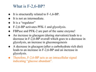 What is F-2,6-BP?
   It is structurally related to F-1,6-BP.
   It is not an intermediate.
   It is a “regulator”
   F-2,6-BP activates PFK-1 and glycolysis.
   FBPase and PFK-2 are part of the same enzyme!
   An increase in glucagon (during starvation) leads to a
    decrease in F-2,6-BP overall which goes to a decrease in
    glycolysis, an increase in gluconeogenesis
   A decrease in glucagon (after a carbohydrate rich diet)
    leads to an increase in F-2,6-BP and an increase in
    glycolysis.
   Therefore, F-2,6-BP acts as an intracellular signal
    indicating “glucose abundant”.
 