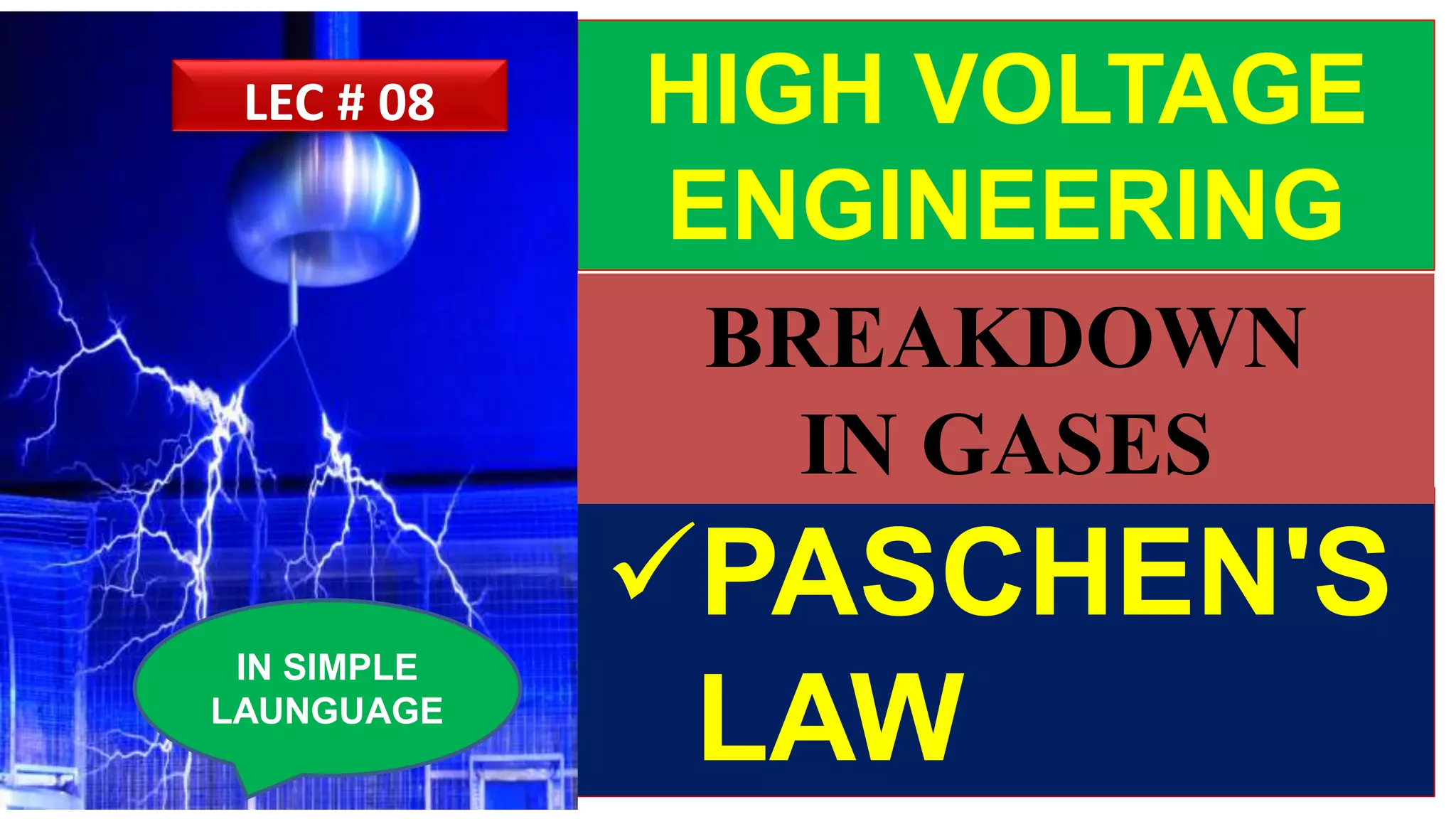 HIGH VOLTAGE
ENGINEERING
PASCHEN'S
LAW
IN SIMPLE
LAUNGUAGE
LEC # 08
BREAKDOWN
IN GASES