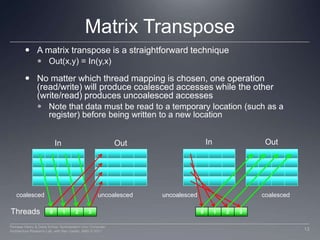 Matrix TransposeA matrix transpose is a straightforward techniqueOut(x,y) = In(y,x)No matter which thread mapping is chosen, one operation (read/write) will produce coalesced accesses while the other (write/read) produces uncoalesced accessesNote that data must be read to a temporary location (such as a register) before being written to a new locationOutInOutIncoalesceduncoalesceduncoalescedcoalescedThreads0123012313Perhaad Mistry & Dana Schaa, Northeastern Univ Computer Architecture Research Lab, with Ben Gaster, AMD © 2011