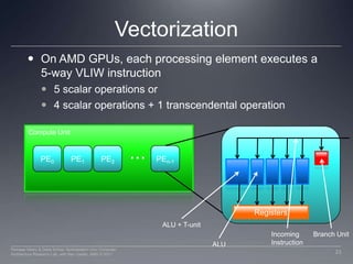Compute Unit...PE0PE1PEn-1PE2VectorizationOn AMD GPUs, each processing element executes a 5-way VLIW instruction5 scalar operations or4 scalar operations + 1 transcendental operation RegistersALU + T-unitIncomingInstructionBranch UnitALU23Perhaad Mistry & Dana Schaa, Northeastern Univ Computer Architecture Research Lab, with Ben Gaster, AMD © 2011