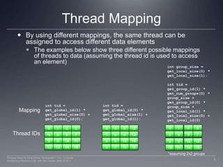 Thread MappingBy using different mappings, the same thread can be assigned to access different data elementsThe examples below show three different possible mappings of threads to data (assuming the thread id is used to access an element)intgroup_size = get_local_size(0) *get_local_size(1);inttid = get_group_id(1) * get_num_groups(0) *group_size +get_group_id(0) *group_size + get_local_id(1) *get_local_size(0) +  get_local_id(0)inttid = get_global_id(1) * get_global_size(0) + get_global_id(0);inttid = get_global_id(0) * get_global_size(1) + get_global_id(1);Mapping0145Thread IDs236701230481289121345671591310111415891011261014*assuming 2x2 groups121314153711155Perhaad Mistry & Dana Schaa, Northeastern Univ Computer Architecture Research Lab, with Ben Gaster, AMD © 2011