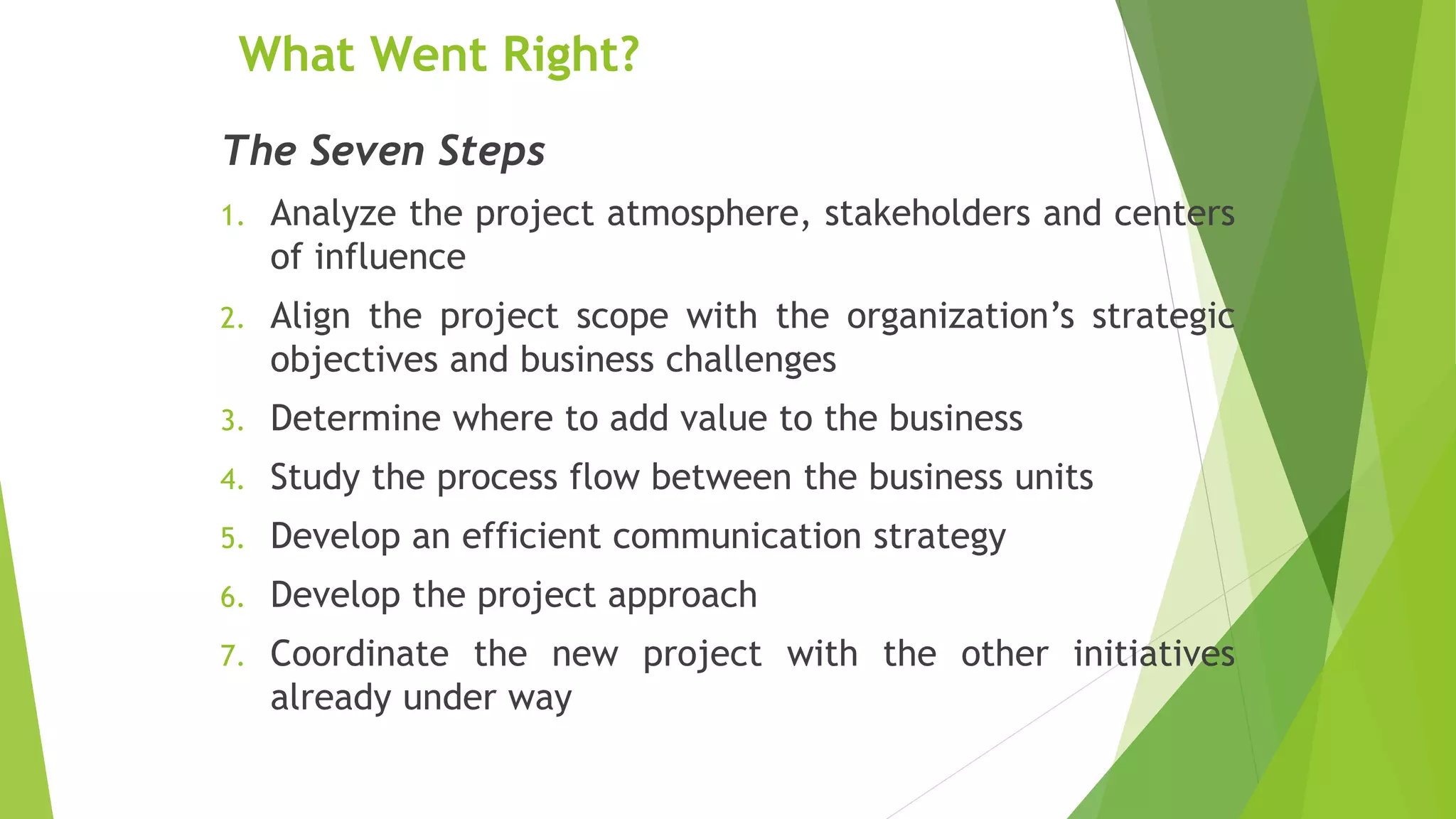 What Went Right?
The Seven Steps
1. Analyze the project atmosphere, stakeholders and centers
of influence
2. Align the project scope with the organization’s strategic
objectives and business challenges
3. Determine where to add value to the business
4. Study the process flow between the business units
5. Develop an efficient communication strategy
6. Develop the project approach
7. Coordinate the new project with the other initiatives
already under way
 