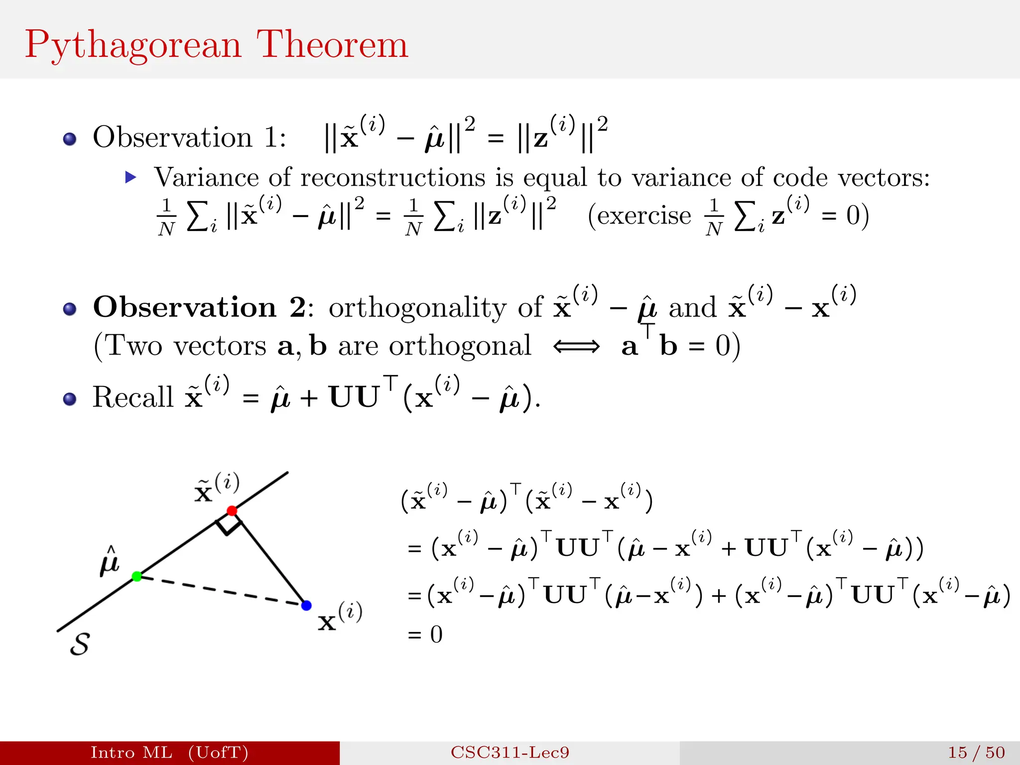 Pythagorean Theorem
Observation 1: ∥x̃
(i)
− µ̂∥
2
= ∥z
(i)
∥
2
▶ Variance of reconstructions is equal to variance of code vectors:
1
N
∑i ∥x̃
(i)
− µ̂∥
2
= 1
N
∑i ∥z
(i)
∥
2
(exercise 1
N
∑i z
(i)
= 0)
Observation 2: orthogonality of x̃
(i)
− µ̂ and x̃
(i)
− x
(i)
(Two vectors a, b are orthogonal ⟺ a
⊤
b = 0)
Recall x̃
(i)
= µ̂ + UU
⊤
(x
(i)
− µ̂).
(x̃
(i)
− µ̂)
⊤
(x̃
(i)
− x
(i)
)
= (x
(i)
− µ̂)
⊤
UU
⊤
(µ̂ − x
(i)
+ UU
⊤
(x
(i)
− µ̂))
=(x
(i)
−µ̂)
⊤
UU
⊤
(µ̂−x
(i)
) + (x
(i)
−µ̂)
⊤
UU
⊤
(x
(i)
−µ̂)
= 0
Intro ML (UofT) CSC311-Lec9 15 / 50
 