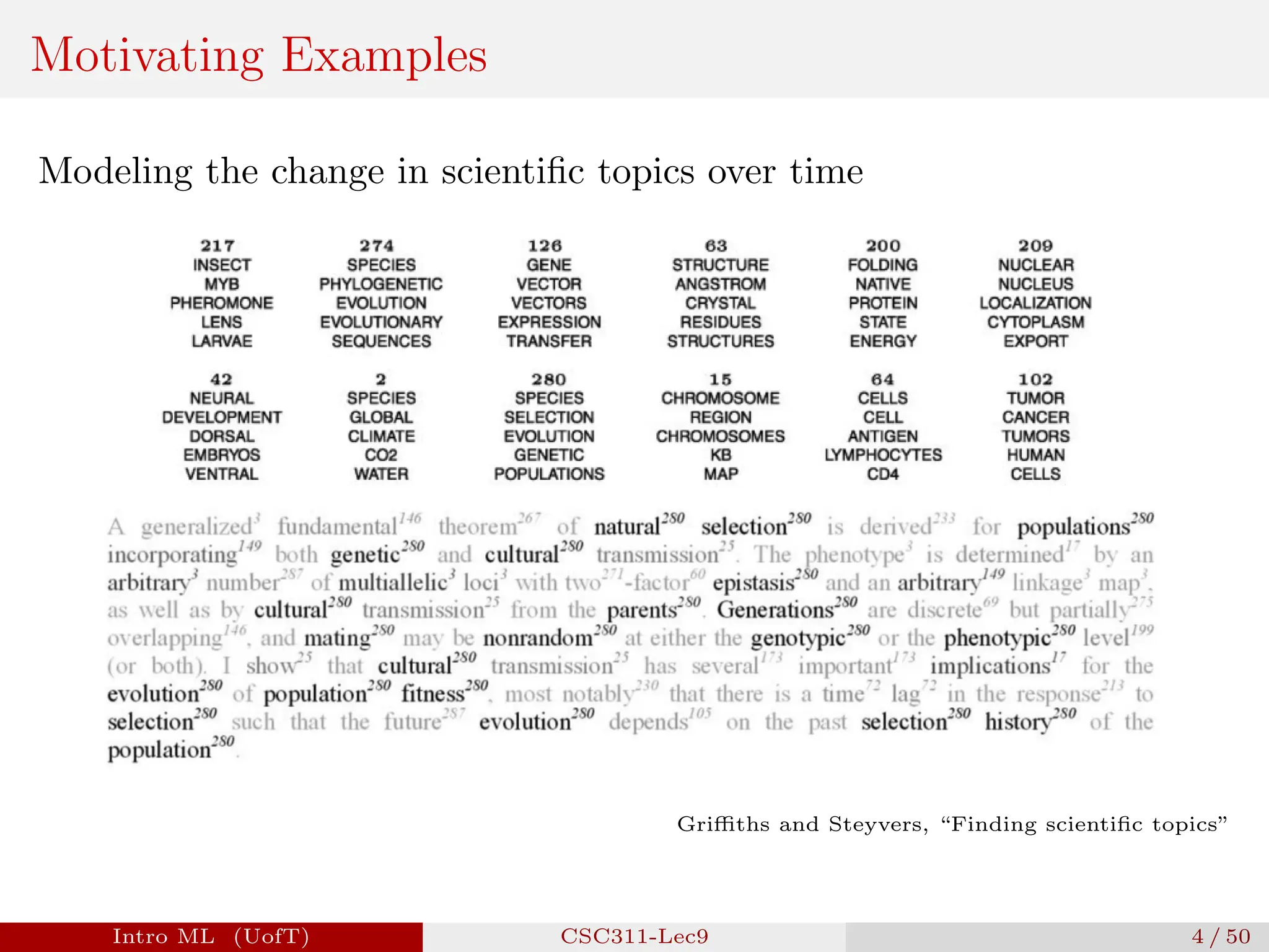 Motivating Examples
Modeling the change in scientific topics over time
Griffiths and Steyvers, “Finding scientific topics”
Intro ML (UofT) CSC311-Lec9 4 / 50
 