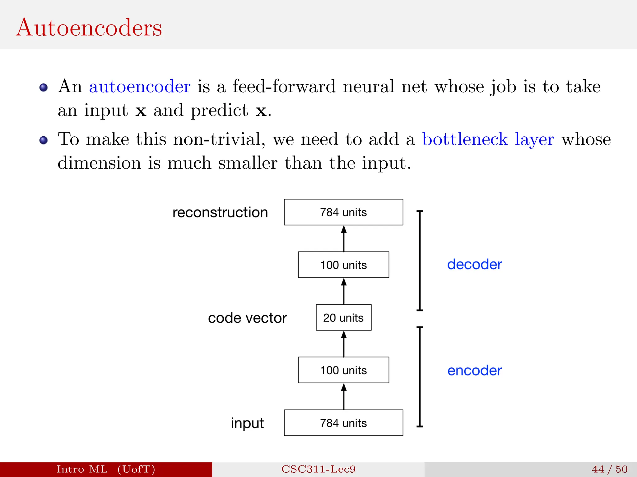 Autoencoders
An autoencoder is a feed-forward neural net whose job is to take
an input x and predict x.
To make this non-trivial, we need to add a bottleneck layer whose
dimension is much smaller than the input.
Intro ML (UofT) CSC311-Lec9 44 / 50
 