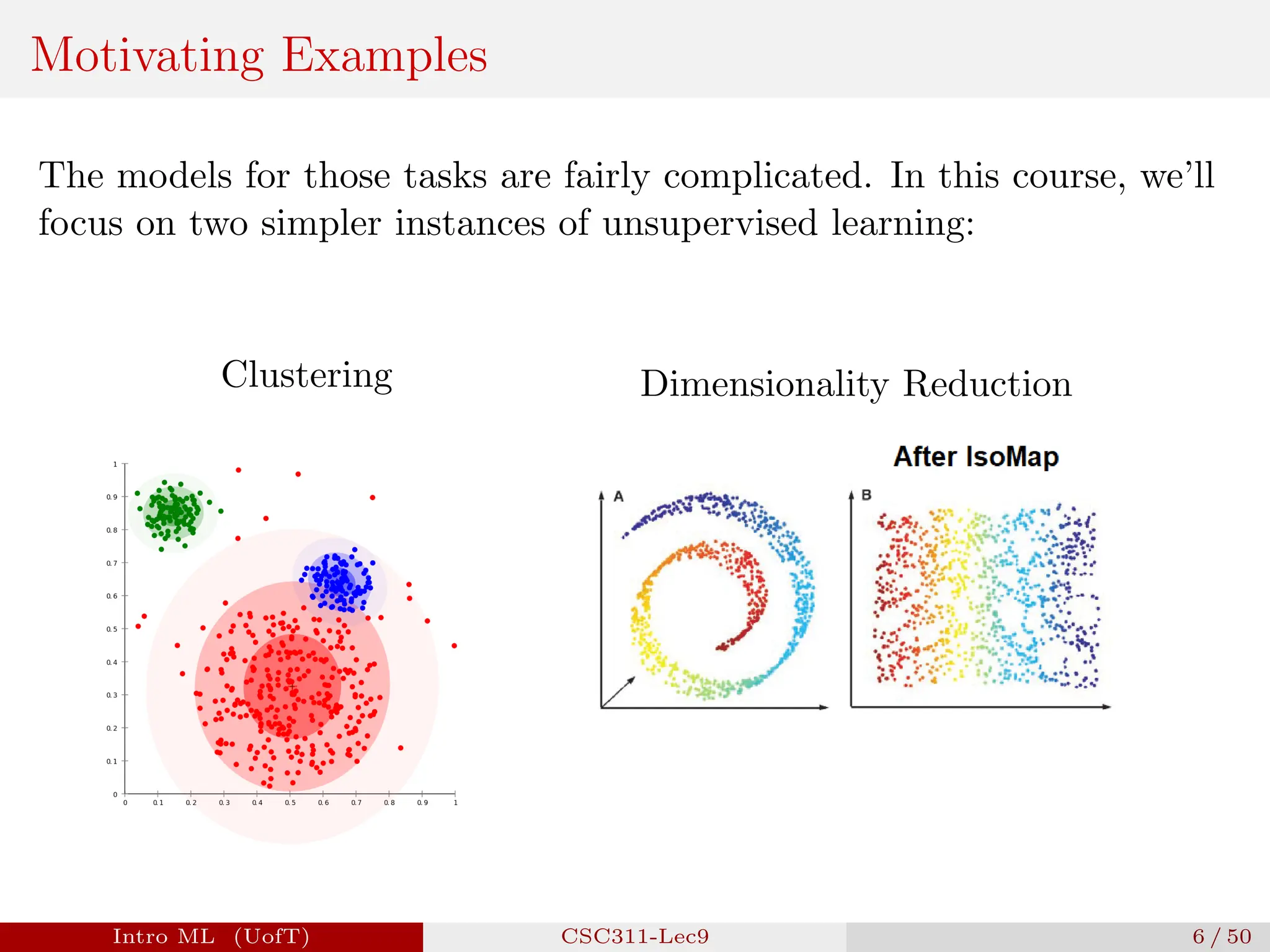 Motivating Examples
The models for those tasks are fairly complicated. In this course, we’ll
focus on two simpler instances of unsupervised learning:
Clustering Dimensionality Reduction
Intro ML (UofT) CSC311-Lec9 6 / 50
 