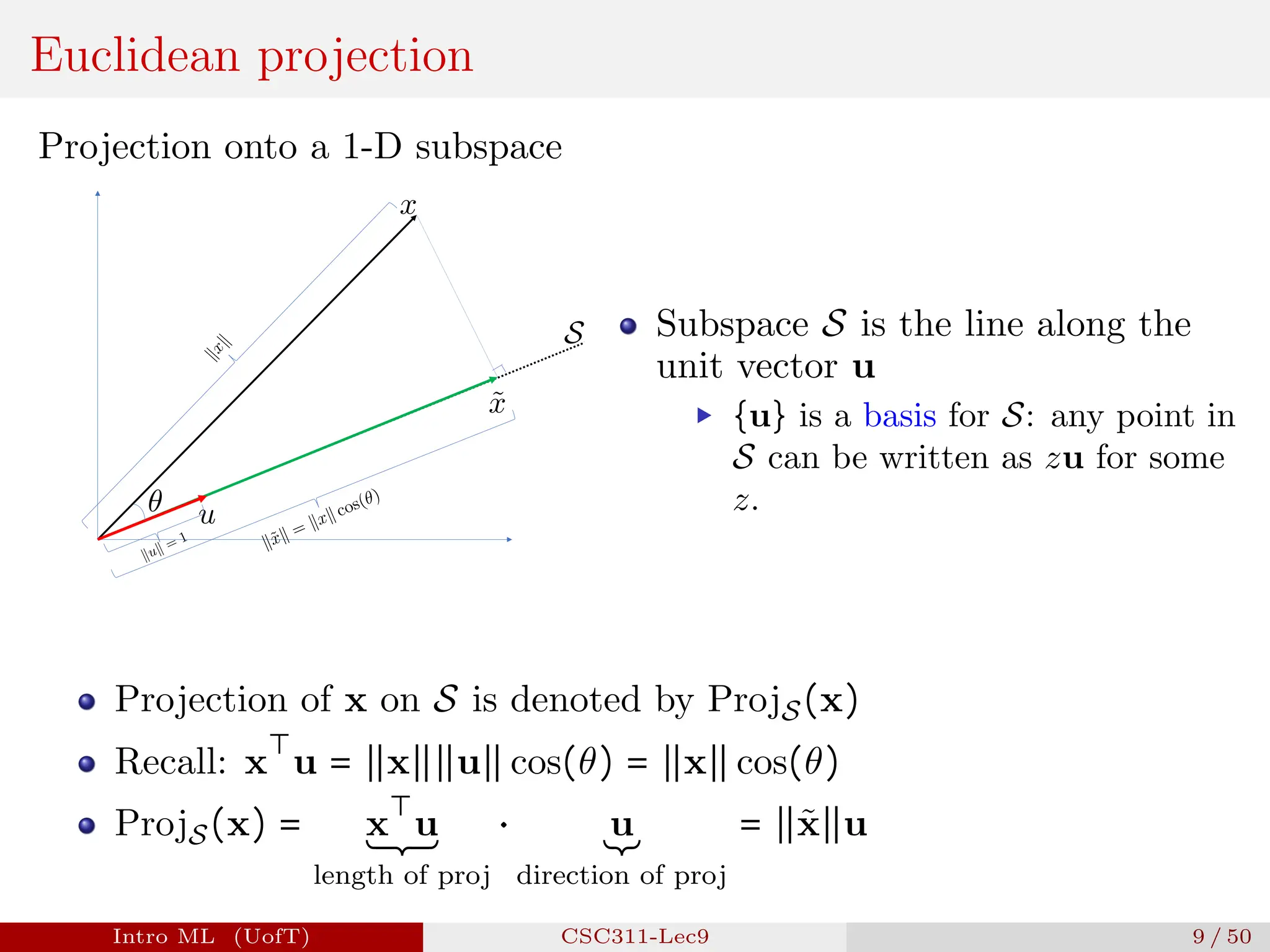 Euclidean projection
Projection onto a 1-D subspace
x
<latexit sha1_base64="aQovCNBfGYvMik6eaNEPmMdvGFo=">AAAHWXic3VVLb9NAEJ600ATzaik3LoaoEqcoaREPCaFCLnCJmkLaqk2FbGeTWl0/ZK9Ro4hfwBV+HOLP8O3YTb0kBs5dy97Z8Tcz34xnvW4s/VS12z9rK6s3bq7VG7es23fu3ru/vvHgII2yxBMDL5JRcuQ6qZB+KAbKV1IcxYlwAleKQ/e8q98ffhFJ6kfhJzWNxWngTEJ/7HuOgqp/8Xm92W61ediLQqcQmlSMvWhj9TENaUQReZRRQIJCUpAlOZTiOqEOtSmG7pRm0CWQfH4v6CtZsM2AEkA40J7jOcHqpNCGWGufKVt7iCJxJ7C0aavAjCCPWZvPOr5dwlbFmLFvzXGK2S18BtAqOoP2X3aXyP+10zkpMHzJufjgGbNGZ+kZGY0xS6wV+OvnFEgBaQSrBJIHnYQ21+gYCea8rjrzM66zwzgBSXOy+Ctp30P24cBDCh7DOXMX14z2wSTnYkPOcTYYZlwjwVW+rJiucNnvfqW/MsrnLyS4JslSDsclDh8MdHXs40o/ZuYO1ynizlpegb5RARNvViI1fPcrfZVRIb/PmMny+L1S/J6B/lv0XqWnMkrvigDdpHffxRKLbil218AuxrZoy3543S6dFXL9yDvO490l/+i69NpmftUnr7k3JK8USw6+/6T4a+f98XausVGZpPjXCeDNznzDvvQfaoI+U8UuvPKGTuJT55Uez+dnzKJwsN3q7LR2+s+au++K86dBj+gJPcUZ84J26T3t0QAsBH2j7/Rj7Ve9Vm/UrRy6UitsNskY9c3fcDxC6w==</latexit>
x̃
<latexit sha1_base64="vRGvuS/mS5sDD9VyccbmKn/yt3w=">AAAHYXic3VVNb9NAEJ220LThKy3cejFElThFSYuglRAq5AKXqCmkLW0qZDub1Or6Q/YaNYr6K7jCD+PMH+Ht2E29JAbOXcve2fGbmTfjWa8TSS9RzebPhcWlO3eXKyur1Xv3Hzx8VFtbP0zCNHZFzw1lGB87diKkF4ie8pQUx1EsbN+R4si5aOv3R19FnHhh8EmNI3Hm26PAG3quraD63FeeHIjJ5dWXWr3ZaPKwZoVWLtQpH/vh2tJT6tOAQnIpJZ8EBaQgS7IpwXVKLWpSBN0ZTaCLIXn8XtAVVWGbAiWAsKG9wHOE1WmuDbDWPhO2dhFF4o5hadFmjhlAHrI2m3V8q4AtizFh35rjGLOT+/ShVXQO7b/srpH/a6dzUmC4w7l44BmxRmfpGhkNMUusFfjr5xhIAWkAqxiSC52ENtPoGDHmrK4683Ous804AUlzqvJX0r777MOGhwQ8+lPmDq4JHYBJxsWCnOEsMEy5RoKrfF0xXeGi34NSf0WUx19IcE3iuRxOChw+GOjy2CelfszMba5TyJ01vwJdowIm3qxEYvjulvoqogJ+nzKT+fE7hfgdA/236J1ST0WU3hU+uknvvss5Fu1C7LaBnY1dpU3ryW27dFbI9SPvOJd3l/yj65Jbm/lNn7zm3pC8UizZ+P6j/K+d9cfbqcZCZeL8XyeANzvzDfvSf6gR+kzlu/DGGzqJT51dPV5Oz5hZ4XCr0dpubHdf1Pfe5efPCm3QM3qOM+YV7dF72qceWPj0jb7Tj+VfldVKrbKeQRcXcpvHZIzKxm93/Eah</latexit>
u
<latexit sha1_base64="QtzwOPDpQFJUeBop551W7jLOcMU=">AAAHWXic3VVNb9NAEJ20UAfz1VJuXAxRJU6RQxEtEkKFXOASNYW0VZsK2c4mtbqxI3uNiCJ+AVf4cYg/w9uxm3pJDJy7lr2z4zczb8azXn8iw1S57s/ayuqNm2tW/ZZ9+87de/fXNx4cpnGWBKIXxDJOjn0vFTKMRE+FSorjSSK8sS/FkX/R1u+PPoskDePoo5pOxNnYG0XhMAw8BVU3+7TecJsuD2dRaBVCg4qxH2+sPqY+DSimgDIak6CIFGRJHqW4TqlFLk2gO6MZdAmkkN8L+ko2bDOgBBAetBd4jrA6LbQR1tpnytYBokjcCSwd2iowA8hD1uazju+UsFUxZuxbc5xi9gufY2gVnUP7L7tL5P/a6ZwUGO5yLiF4TlijswyMjIaYJdYK/PVzCqSANIBVAimATkKba3SMBHNeV535OdfZY5yApDnZ/JW07z778OAhBY/+nLmPa0YHYJJzcSDnOAcMM66R4CpfVkxXuOz3oNJfGRXyFxJck2Qph5MSh/cGujr2SaUfM3OP6xRzZy2vQNeogIk3K5EavruVvsqoiN9nzGR5/E4pfsdA/y16p9JTGaV3xRjdpHfflyUW7VLstoFdjG3TlvPwul06K+T6gXdcwLtL/tF16bXN/KpPXnFvSF4pljx8/1Hx1877481c46AySfGvE8Cbnfmafek/1Ah9popdeOUNncSnzks9XszPmEXh8Fmztd3c7j5v7L0tzp86PaIn9BRnzA7t0Tvapx5YCPpG3+nH2i+rZtUtO4eu1AqbTTKGtfkbW11C6A==</latexit>
kuk = 1
<latexit
sha1_base64="fmq//vmGpfAWJbEMlvzOa0IQ/O0=">AAAHYXic3VVNb9NAEJ22ULfhKy3cejFElThFCUW0SIAKucAlagppS5sK2c4mtbq2I3uNiFJ+BVf4YZz5I7wdu6mXxMC5a9k7O34z82Y863VH0k9Uo/FzYXHpxs1la2W1cuv2nbv3qmvrB0mUxp7oepGM4iPXSYT0Q9FVvpLiaBQLJ3ClOHTPW/r94WcRJ34UflDjkTgNnGHoD3zPUVB97F2kvQv7pd38VK016g0e9qzQzIUa5WMvWlt6SD3qU0QepRSQoJAUZEkOJbhOqEkNGkF3ShPoYkg+vxf0lSqwTYESQDjQnuM5xOok14ZYa58JW3uIInHHsLRpM8f0IQ9Ym806vl3AlsWYsG/NcYzZzX0G0Co6g/ZfdpfI/7XTOSkw3OFcfPAcsUZn6RkZDTBLrBX46+cYSAGpD6sYkgedhDbT6Bgx5qyuOvMzrrPDOAFJc6rwV9K+e+zDgYcEPHpT5i6uCe2DScbFhpzhbDBMuUaCq3xZMV3hot/9Un9FlM9fSHBN4rkcjgsc3hno8tjHpX7MzB2uU8SdNb8CHaMCJt6sRGL47pT6KqJCfp8yk/nx24X4bQP9t+jtUk9FlN4VAbpJ774vcyxahdgtAzsbu0Kb9oPrdumskOt73nEe7y75R9cl1zbzqz55wb0heaVYcvD9h/lfO+uP11ONjcrE+b9OAG925iv2pf9QQ/SZynfhlTd0Ep86z/V4Nj1jZoWDJ/XmVn2r87S2+yY/f1Zogx7RY5wx27RLb2mPumAR0Df6Tj+Wf1mrVtVaz6CLC7nNfTKGtfEbNPlFlg==</latexit>
k
x
k
<latexit
sha1_base64="JKd+7qyNo4acia4GYHarK8Q+73A=">AAAHXXic3VVLb9NAEJ62tC6hlBaQOHAxRJU4RQlFPCSECrnAJWoKaas2FbKdTWp1/ZC9Ro1SfgNX+Gmc+Ct8O3ZTL4mBc9dKdnb8zTePnfW6sfRT1Wz+XFhcurG8Yq3erN1au71+Z2Pz7n4aZYknel4ko+TQdVIh/VD0lK+kOIwT4QSuFAfuWVu/P/giktSPwk9qHIuTwBmF/tD3HAVVr39x3r/4vFFvNpo87FmhVQh1KsZutLn0iPo0oIg8yiggQSEpyJIcSvEcU4uaFEN3QhPoEkg+vxf0lWqwzYASQDjQnuF/hNVxoQ2x1pwpW3vwIvFLYGnTVoEZQB6yNp+1f7uErfIxYW4d4xizW3AG0Co6hfZfdpfI/7XTOSlE+JJz8RFnzBqdpWdkNMQssVaIX/+PgRSQBrBKIHnQSWhzjfaRYM7rqjM/5To7jBOQdEw13iXN3WcOBwwp4uhPI3fxTGgPkeSx2JBznI0IM66R4CpfVkxXuMy7V8lXRvm8Q4JrksyN4agUwwcDXe37qJLHzNzhOkXcWfMr0DUqYOLNSqQGd7eSq4wK+X3Gkcz33yn57xjov3nvVDKVUfpUBOgmffrO51i0S77bBnbWd4227PvX7dFZIdePfOI8Pl3yj65Lr23mV33ymntD8kqx5GD/R8VXO++Pt1ONjcokxbdOAG925hvm0l+oEfpMFafwig2dxLfOKz2eT++YWWH/aaO13djuPqvvvCvun1V6SI/pCe6YF7RD72mXerxr3+g7/Vj5ZS1ba9Z6Dl1cKGzukTGsB78B2/BEww==</latexit>
✓
<latexit sha1_base64="J928FhBg2yCaZBKO1MVNxpu3qmM=">AAAHX3ic3VXBbtNAEJ22UJcAJQUuiIshqsQpSloErYRQIRe4RE0hTdWmQmtnk1jd2JG9QUQRH8EVvowjf8LbsZt6SQycu5a9s+M3M2/Gs15vrIJE12o/V1bXbtxcdzZulW7fubt5r7x1/ziJJrEv236kovjEE4lUQSjbOtBKnoxjKUaekh3vomHedz7LOAmi8KOejuX5SAzCoB/4QkPV6eqh1KL0qVypVWs83EWhngkVysZhtLX2hLrUo4h8mtCIJIWkISsSlOA6ozrVaAzdOc2giyEF/F7SVyrBdgKUBEJAe4HnAKuzTBtibXwmbO0jisIdw9Kl7QzTg9xnbTqb+G4OWxRjxr4NxylmL/M5glbTENp/2V0i/9fO5KTBcI9zCcBzzBqTpW9l1MessNbgb55TICWkHqxiSD50CtpUY2LEmNO6msyHXGfBOAnJcCrxVzK+u+xDwEMCHt05cw/XjI7AJOXiQk5xLhhOuEaSq3xZMVPhvN+jQn95VMBfSHJN4qUcTnMc3lvo4tinhX7szAXXKeLOWl6BllUBG29XIrF8twp95VEhv58wk+Xxm7n4TQv9t+jNQk95lNkVI3ST2X1fllg0crEbFnYxdom23YfX7TJZIdcPvON83l3qj65Lrm3mV33yintD8UqzJPD9B9lfO+2PN3ONi8rE2b9OAm935mv2Zf5QA/SZznbhlTd0Ep86+2a8mJ8xi8LxTrW+W91tPa8cvM3Onw16TE/pGc6Yl3RA7+iQ2sziG32nH+u/HMfZdMopdHUls3lA1nAe/QZ9kUUr</latexit>
kx̃k = kxk cos(✓)
<latexit
sha1_base64="2ySkPSo7TKT55xKVmvGAfO/x/WM=">AAAHfHic3VVNb9NAEJ22UJfwlQI3LqahUhFqlFBUQAJUyAUuUVNIW7WuKtvZJFY3dmRvUKKkd34NV/gr/BnE27Gb2iQGzl3L3tnxm5k341mv05depCqVnwuLS9euLxsrNwo3b92+c7e4em8/CgahK5puIIPw0LEjIT1fNJWnpDjsh8LuOVIcOGc1/f7giwgjL/A/q1FfnPTsju+1PddWUJ0W16yJpTzZEuPhuTUx35jWZAiVG0QbluoKZT8pnBZLlXKFhzkrVBOhRMnYDVaXHpFFLQrIpQH1SJBPCrIkmyJcx1SlCvWhO6ExdCEkj98LOqcCbAdACSBsaM/w7GB1nGh9rLXPiK1dRJG4Q1iatJ5gWpDbrI1nHd9MYfNijNm35jjC7CQ+e9Aq6kL7L7sL5P/a6ZwUGL7kXDzw7LNGZ+lmMmpjllgr8NfPEZACUgtWISQXOgltrNExQsxxXXXmXa6zzTgBSXMq8FfSvi32YcNDBB7WlLmDa0x7YBJzMSHHOBMMB1wjwVW+qJiucNrvXq6/NMrjLyS4JuFcDkcpDh8z6PzYR7l+spnbXKeAO2t+BRqZCmTx2UpEGd+NXF9plM/vB8xkfvx6Kn49g/5b9HqupzRK74oeuknvvuEci1oqdi2DnY1doHXzwVW7dFbI9RPvOJd3l/yj66Irm/lln7zm3pC8UizZ+P6d5K8d98e7qcZEZcLkXyeAz3bmW/al/1Ad9JlKduGlN3QSnzqv9NienjGzwv6zcnWrvNV4Xtp5n5w/K/SQ1mgDZ8wL2qEPtEtNsPhK3+g7/Vj+ZTw2nhqbMXRxIbG5T5lhbP8GhqBQjw==</latexit>
S
<latexit sha1_base64="ly5tMjddIXxABWWAFiUKCAcecp4=">AAAHZHic3VXNbtNAEJ620JRQaEvhhIQMUSVOVUIRPxJChVzgEjUtaas2FVo7m8Tq+kf2BhFFfQ2u8Fq8AM/Bt2M39ZIYOHcte2fH38x8M571urHyU12v/1xYXLpxc7mycqt6e/XO3bX1jXuHaTRKPNnxIhUlx65IpfJD2dG+VvI4TqQIXCWP3POmeX/0RSapH4Wf9DiWZ4EYhH7f94SGqtsNhB56Qk0OLqqf12v17ToPZ1Zo5EKN8rEXbSw9pi71KCKPRhSQpJA0ZEWCUlyn1KA6xdCd0QS6BJLP7yVdUBW2I6AkEALaczwHWJ3m2hBr4zNlaw9RFO4Elg5t5Zge5D5rs9nEdwrYshgT9m04jjG7uc8AWk1DaP9ld4n8XzuTkwbDV5yLD54xa0yWnpVRH7PCWoO/eY6BlJB6sEogedApaDONiZFgzupqMh9ynQXjJCTDqcpfyfjusg8BDyl4dKfMXVwT2geTjIsDOcM5YDjiGkmu8mXFTIWLfvdL/RVRPn8hyTVJ5nI4KXD4aKHLY5+U+rEzF1yniDtrfgXaVgVsvF2J1PLdLvVVRIX8fsRM5sdvFeK3LPTfordKPRVRZlcE6Caz+77OsWgWYjct7GzsKm0596/bZbJCrge84zzeXeqPrkuvbeZXffKGe0PxSrMk8P0H+V876493U42DyiT5v04Cb3fmW/Zl/lAD9JnOd+GVN3QSnzqvzXgxPWNmhcNn242d7Z3289ru+/z8WaGH9ISe4ox5Sbv0gfaoAxYxfaPv9GP5V2W1sll5kEEXF3KbTbJG5dFvttRHbA==</latexit>
Subspace S is the line along the
unit vector u
▶ {u} is a basis for S: any point in
S can be written as zu for some
z.
Projection of x on S is denoted by ProjS(x)
Recall: x
⊤
u = ∥x∥∥u∥ cos(θ) = ∥x∥ cos(θ)
ProjS(x) = x
⊤
u
ÍÒÒÒÒÒÒÑÒÒÒÒÒÒÒÏ
length of proj
⋅ u
ÍÑÏ
direction of proj
= ∥x̃∥u
Intro ML (UofT) CSC311-Lec9 9 / 50
 