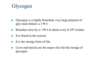 Glycogen

   Glycogen is a highly branched, very large polymer of
    glyc mols linked 1 4
   Branches arise by     1 6 at about every 8-10th residue
   It is found in the cytosol.
   It is the storage form of Glc.
   Liver and muscle are the major sites for the storage of
    glycogen.
 